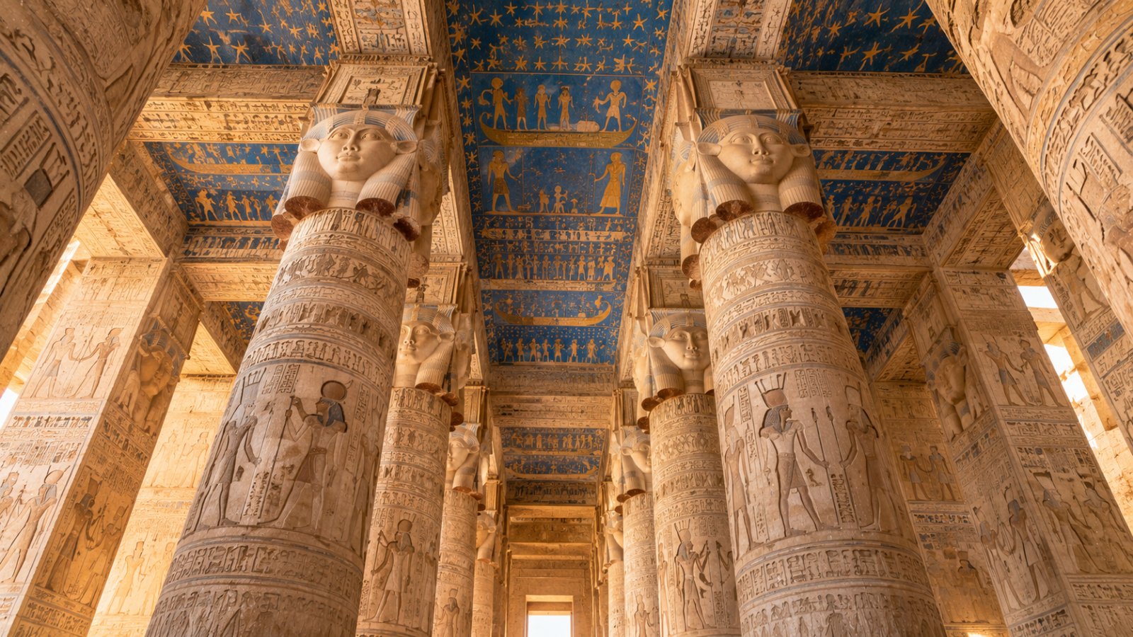 La sala ipostila del tempio di Hathor a Dendera, con le grandi colonne coronate dai volti della dea e il soffitto blu dipinto di figure astronomiche, illuminato dalla luce che entra dall'ingresso