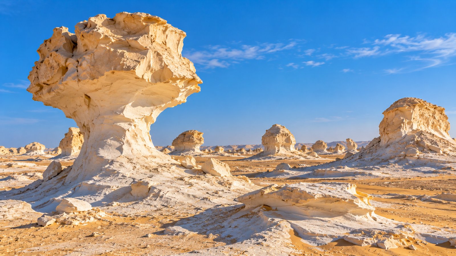 Le formazioni di roccia calcarea bianca del Deserto Bianco, in Egitto, sotto il cielo azzurro