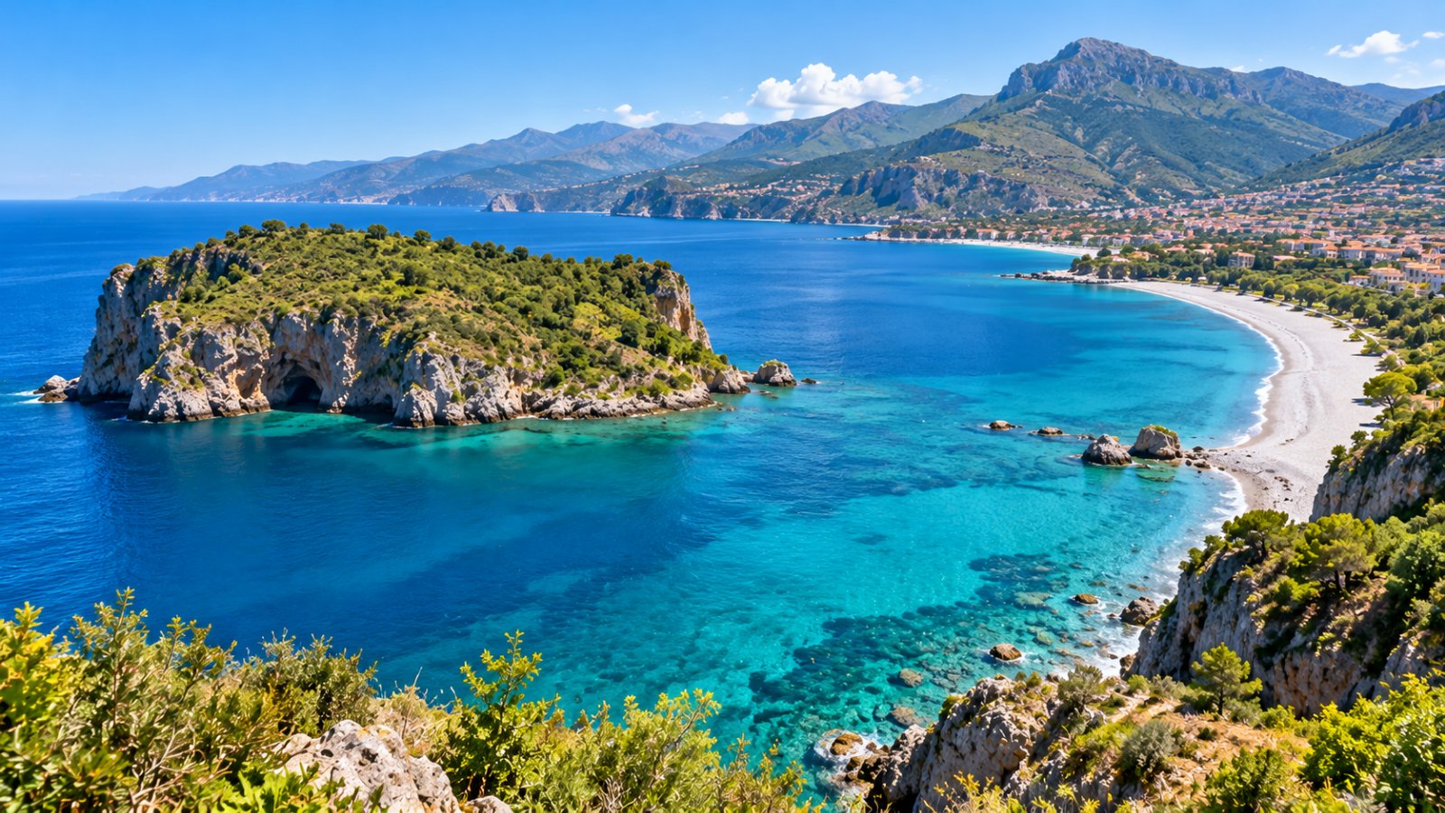 Il mare turchese della Riviera dei Cedri davanti a Praia a Mare, con l'isola di Dino e le sue scogliere e le montagne verdi alle spalle