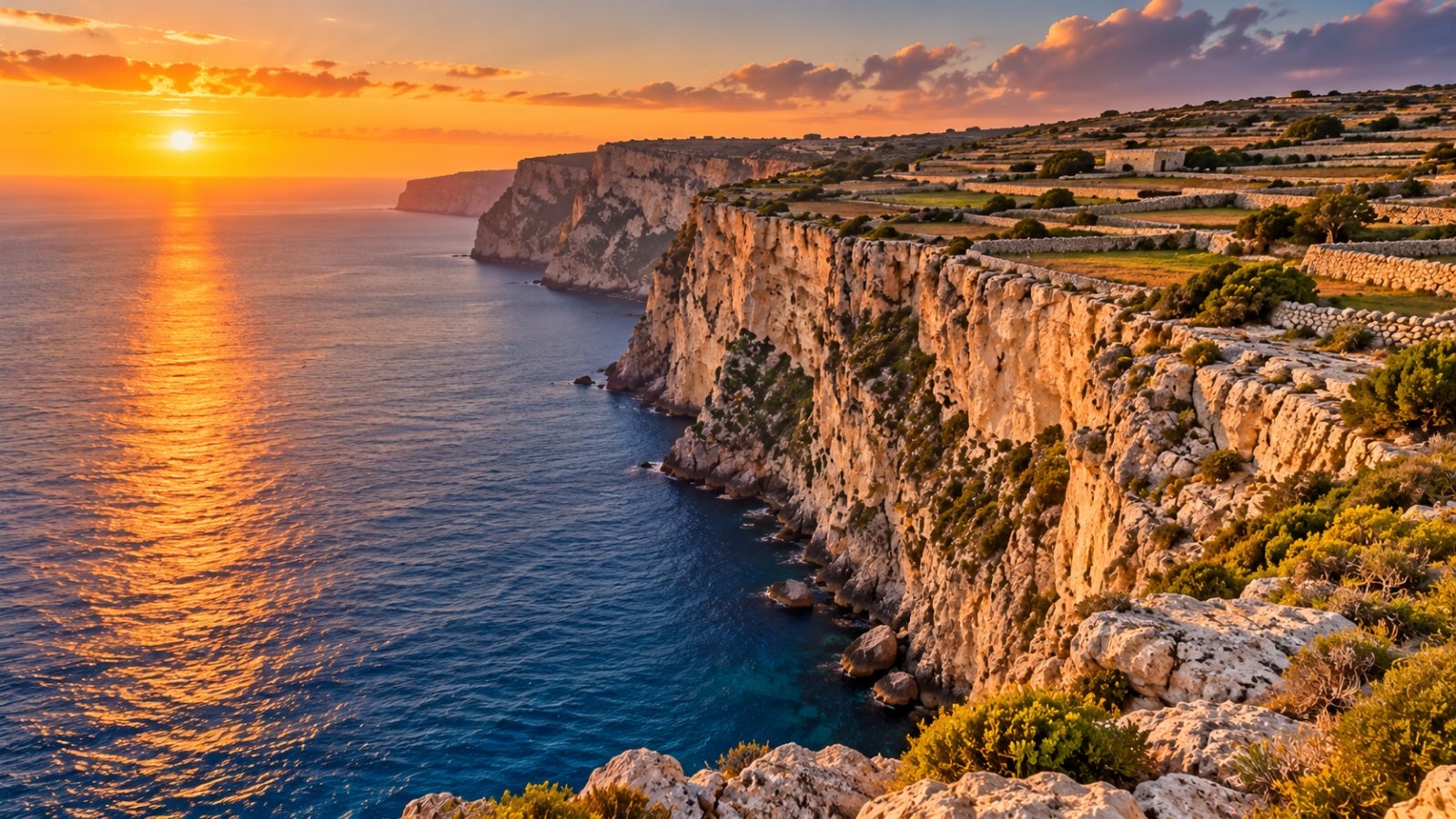 Le alte scogliere di Dingli a picco sul mare al tramonto, con campi terrazzati e muretti a secco sull'altopiano