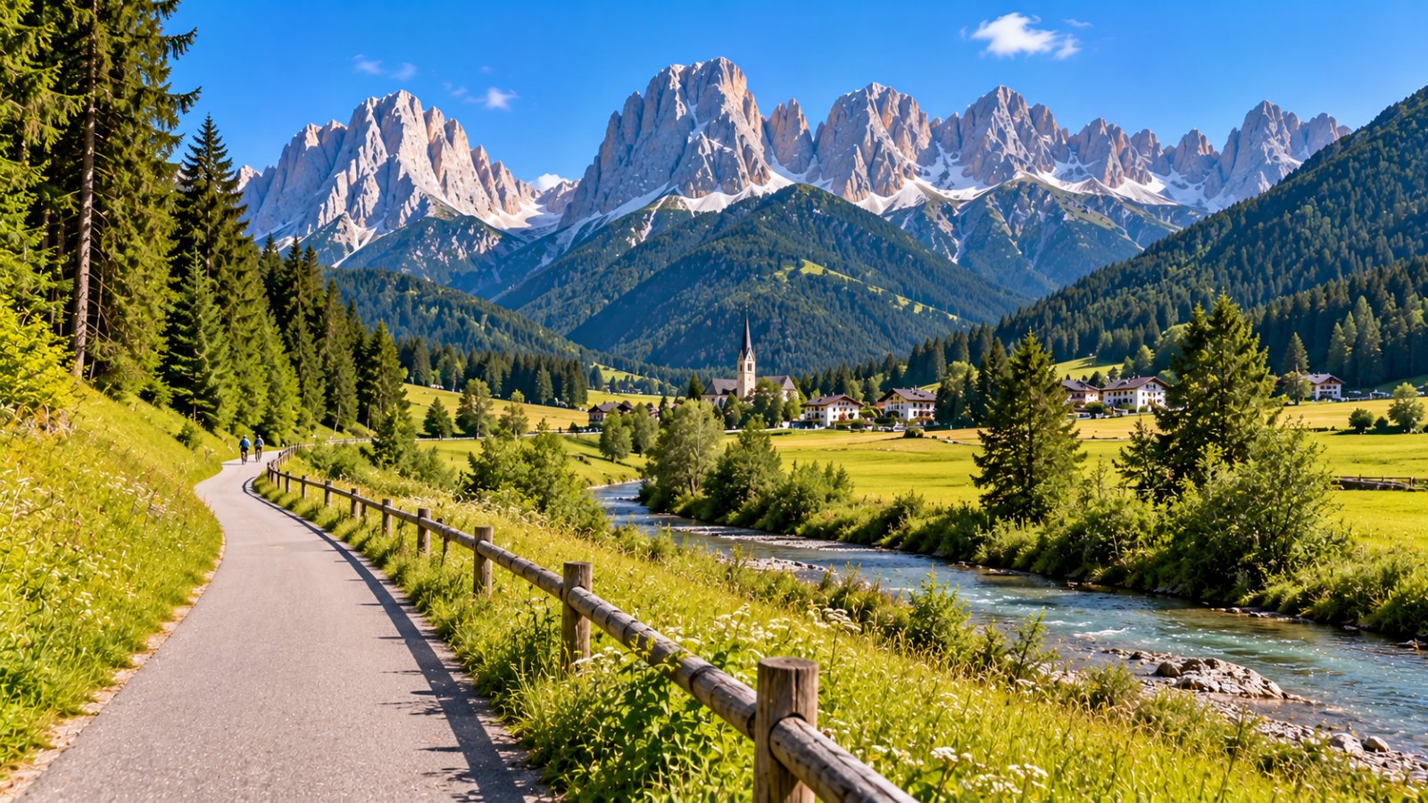 Una pista ciclabile asfaltata che corre tra prati verdi e boschi di abeti lungo il fondovalle dell'Alta Pusteria, con un torrente e le montagne dolomitiche sullo sfondo