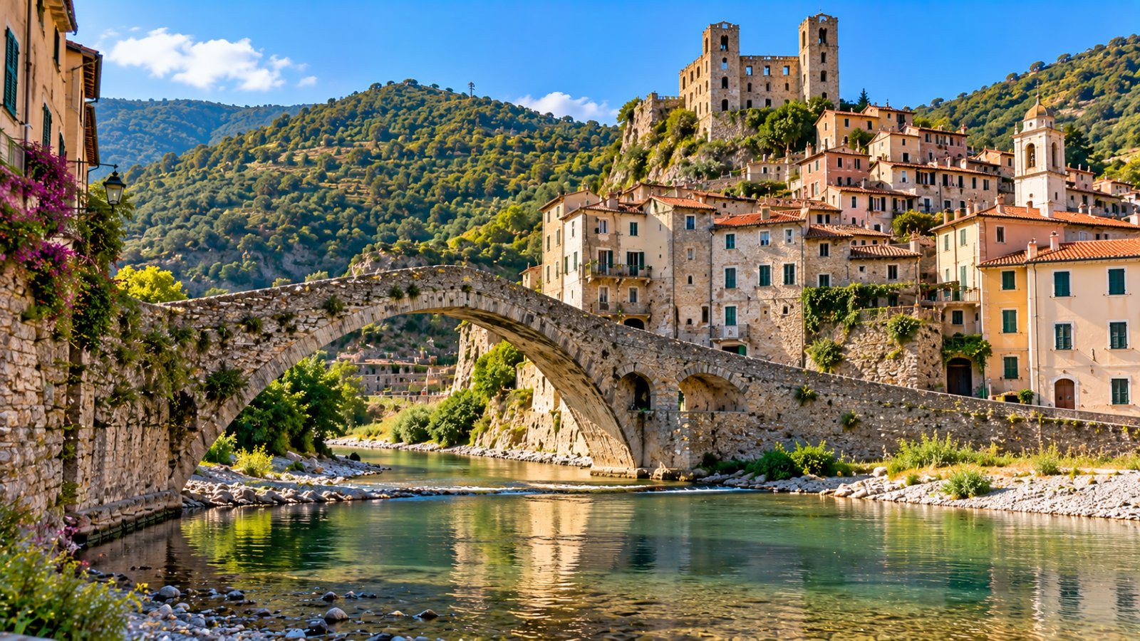 Il ponte medievale a schiena d'asino di Dolceacqua sul torrente Nervia con il borgo in pietra e il castello dei Doria