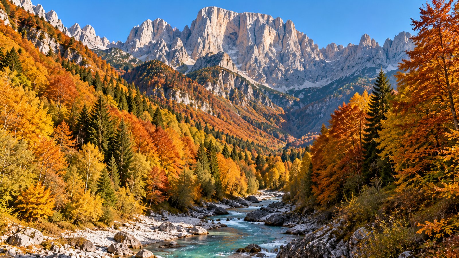 Una valle boscosa del Parco nazionale delle Dolomiti Bellunesi in autunno, con faggete gialle e arancioni e, sopra, le pareti chiare della Schiara sotto un cielo limpido