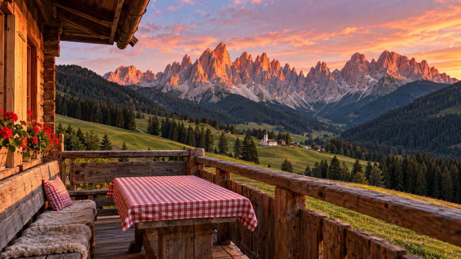Le Odle in Val di Funes al tramonto viste dal portico di una baita