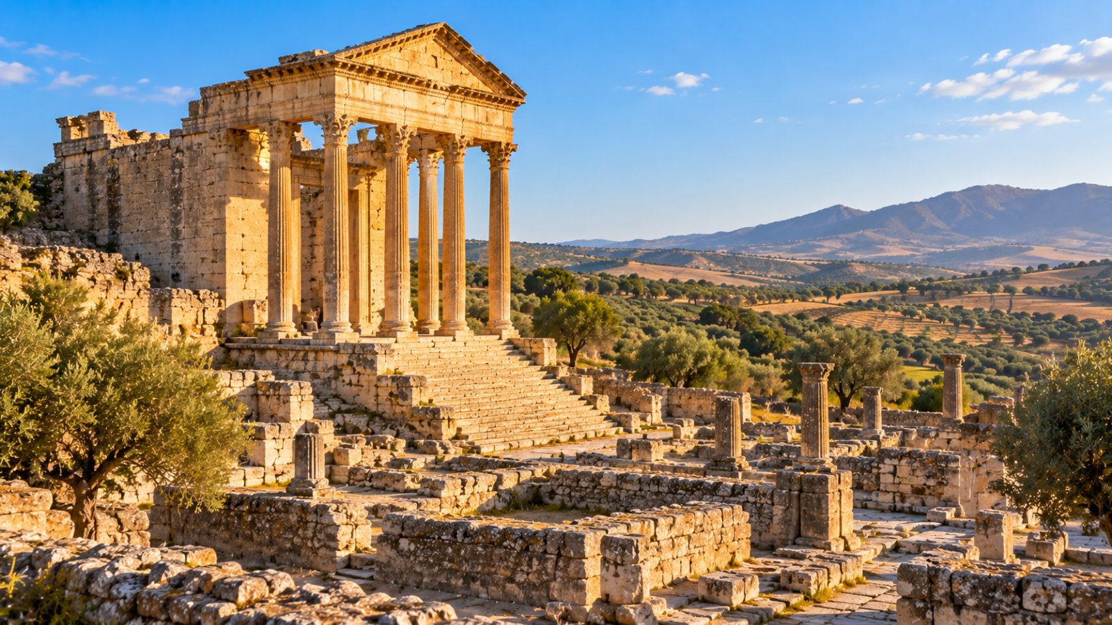Il Capitolium di Dougga con le colonne corinzie e il frontone in pietra dorata, tra gli ulivi su una collina, sotto un cielo azzurro con nuvole leggere