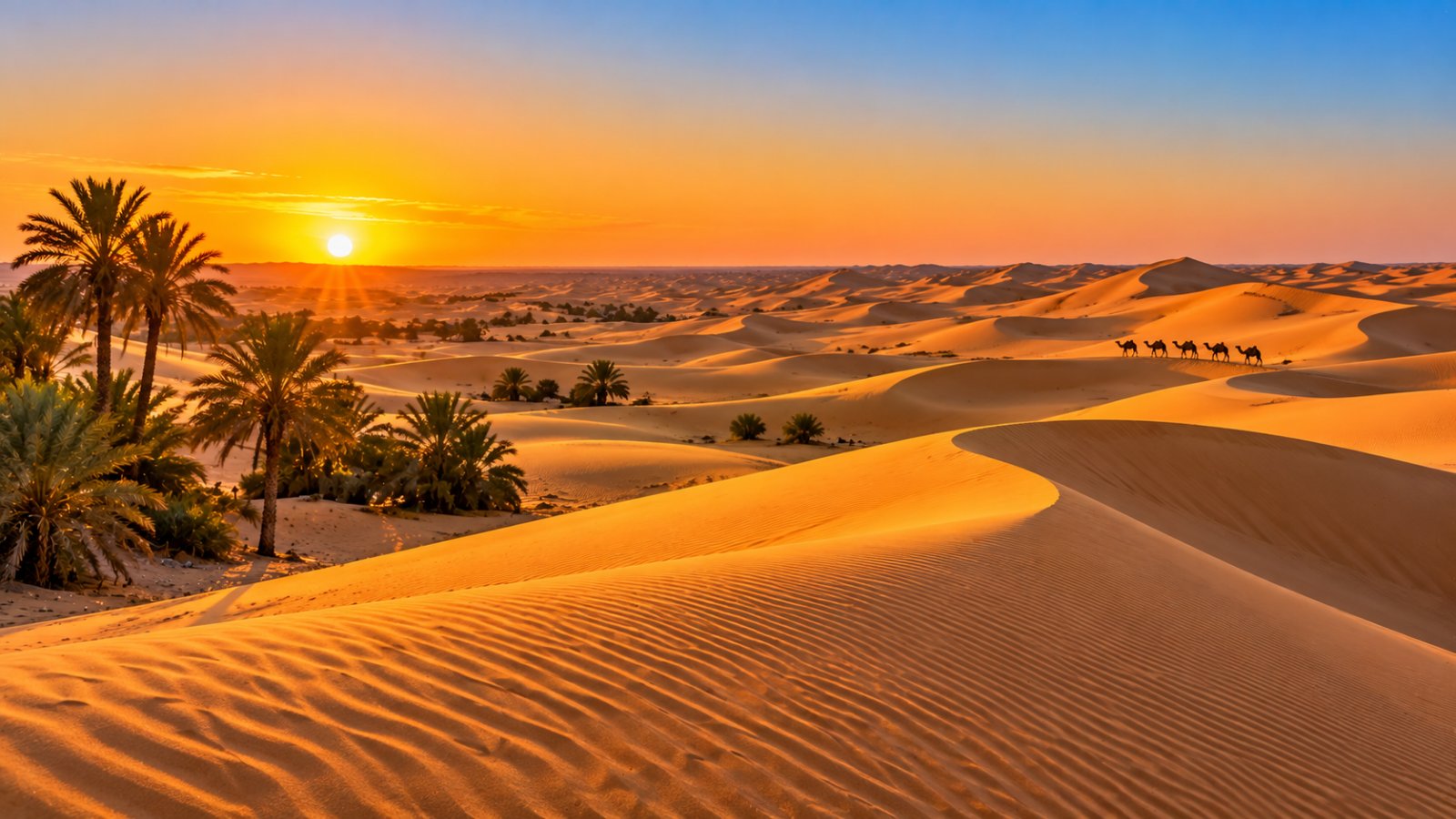 Dune di sabbia dorata del Sahara tunisino vicino a Douz nella luce del tramonto, con qualche palma da dattero sul bordo dell'oasi