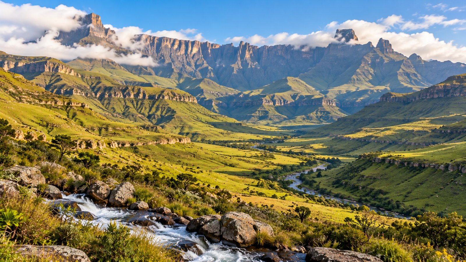 Le pareti di roccia dell'Anfiteatro del Drakensberg sopra una valle verde, con un torrente in primo piano