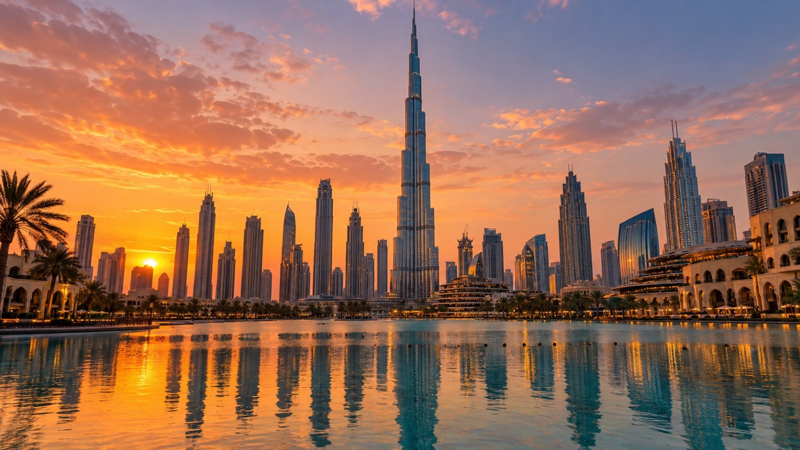 Lo skyline di Downtown Dubai con il Burj Khalifa al tramonto, riflesso nelle vasche delle fontane