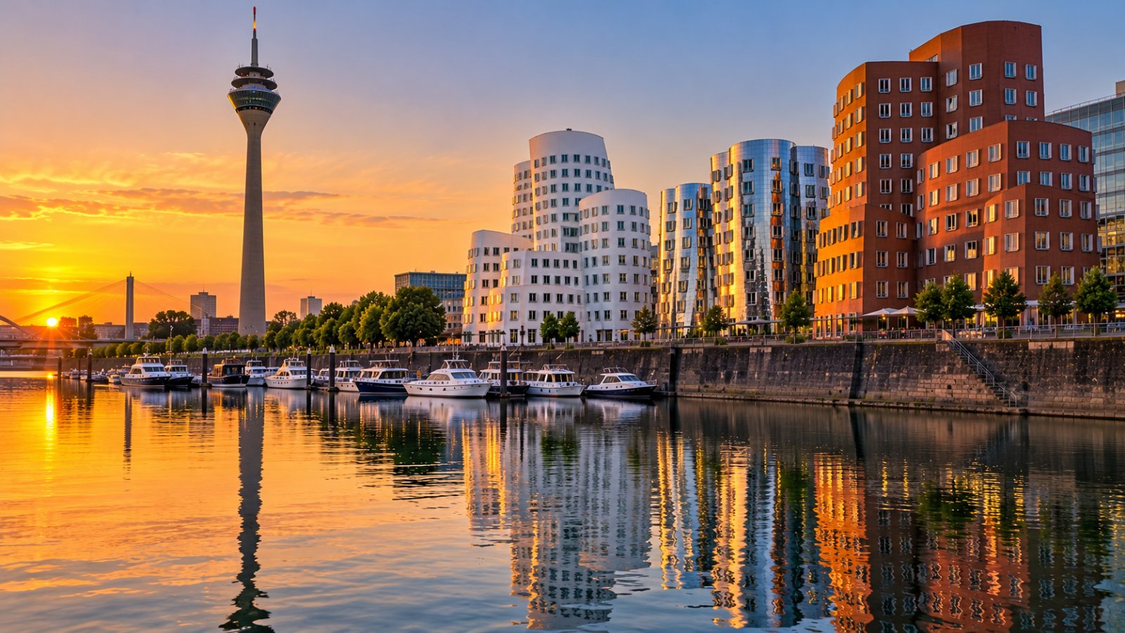 Gli edifici dalle forme ondulate e curve del MedienHafen di Düsseldorf riflessi nell'acqua del porto, con la Rheinturm sullo sfondo nella luce calda del tramonto