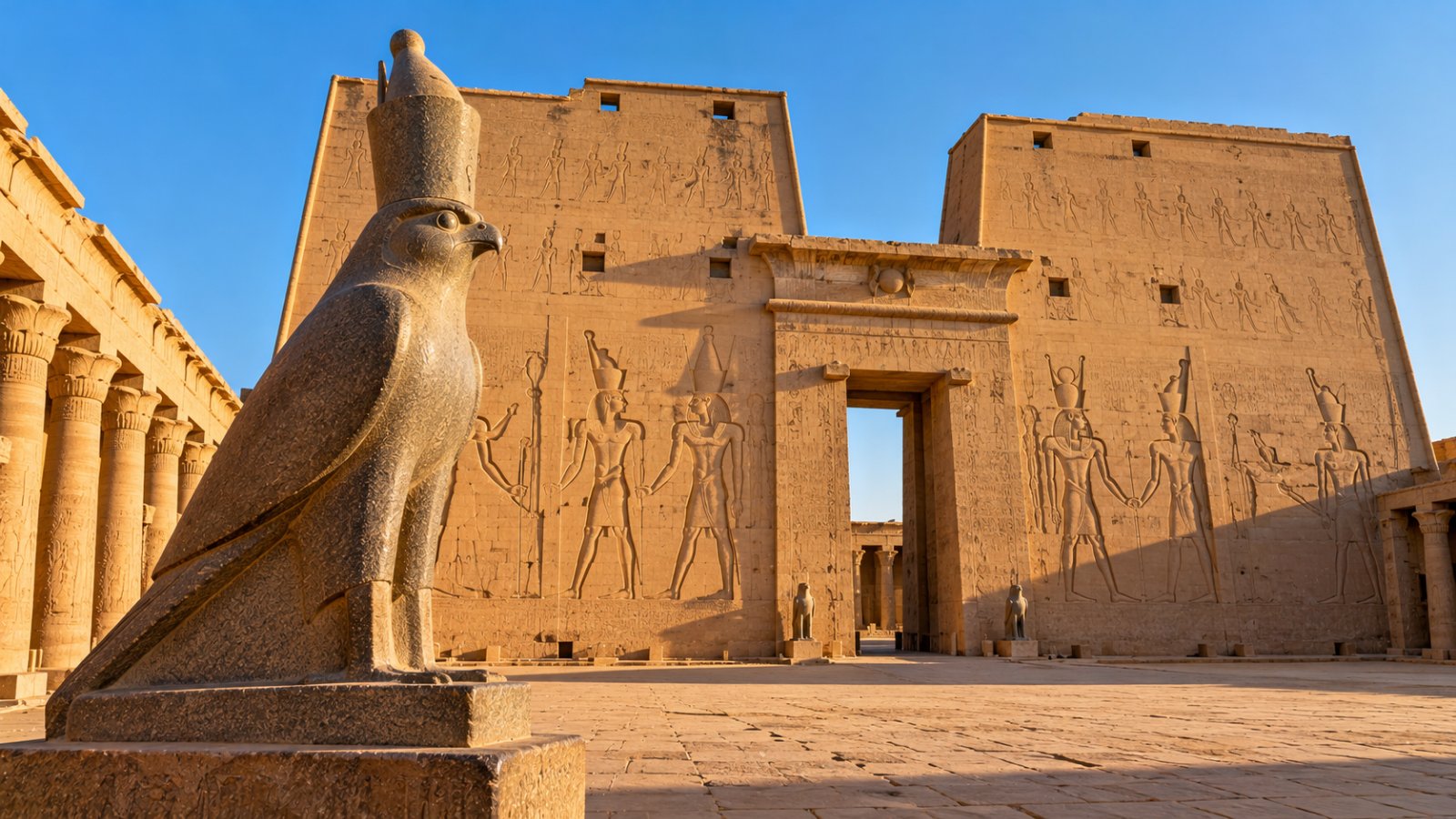 Il grande pilone in arenaria del tempio di Horus a Edfu con i rilievi scolpiti e la statua del dio falco nel cortile, nella luce dorata del mattino