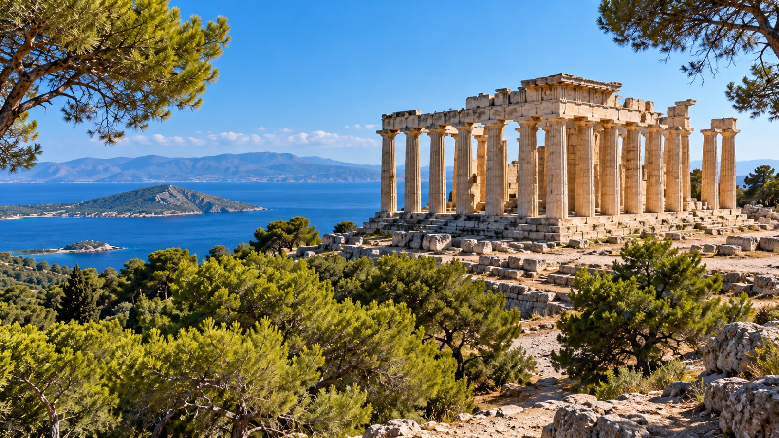 Il tempio di Afaia a Egina tra i pini, con il golfo Saronico sullo sfondo