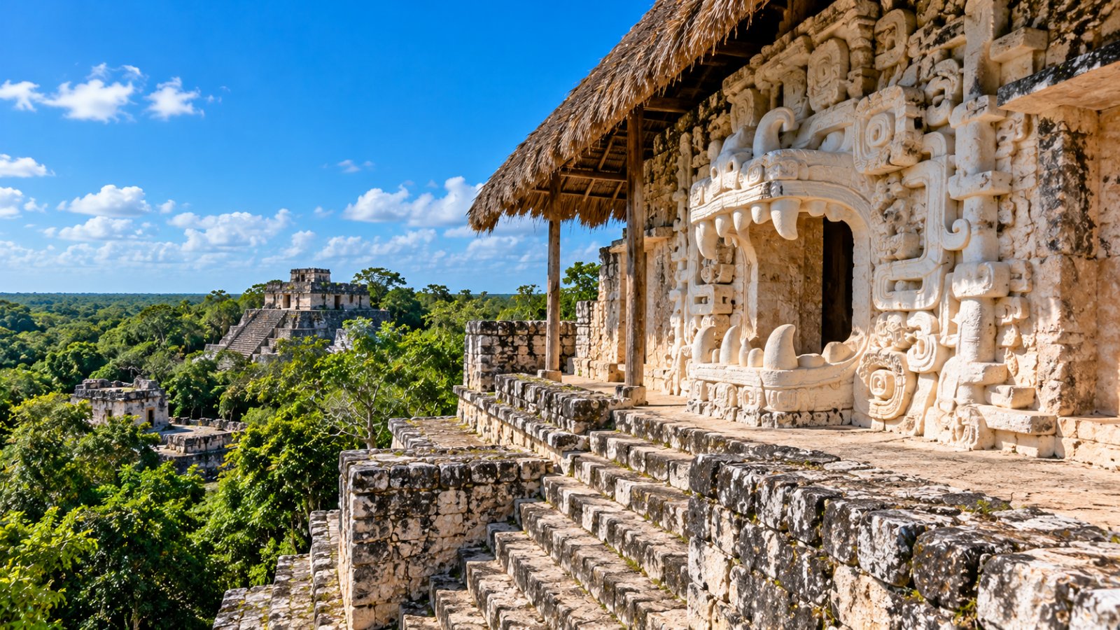 L'acropoli di Ek Balam con le decorazioni in stucco bianco sulla facciata di un tempio e la giungla intorno