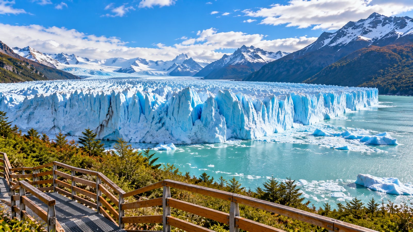 Il fronte azzurro e frastagliato del ghiacciaio Perito Moreno che si affaccia sulle acque grigio-turchesi del lago, visto dalle passerelle di legno, con le montagne innevate sullo sfondo