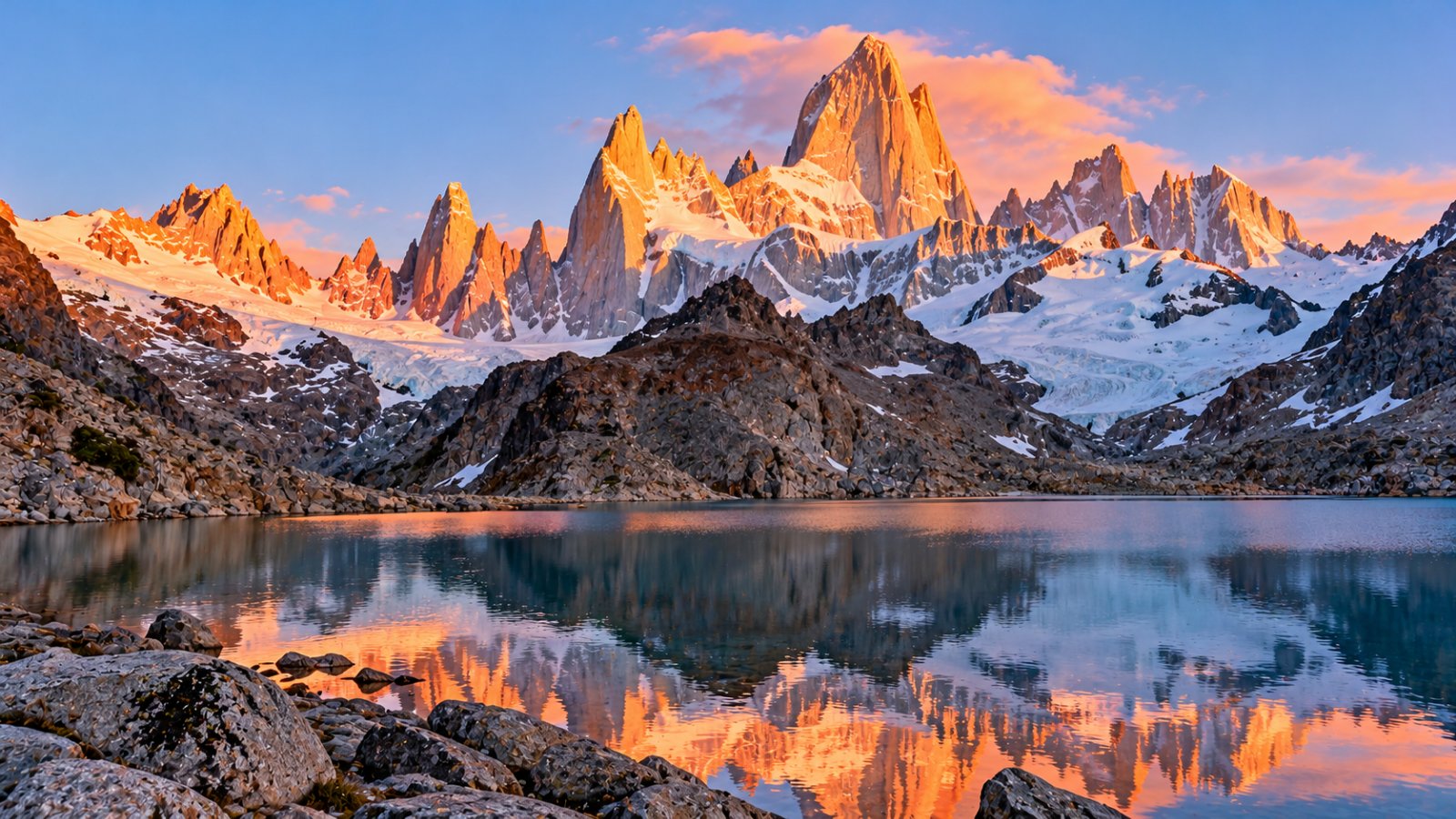 Il massiccio del Fitz Roy con le cime di granito illuminate dalla luce rosata dell'alba, riflesso nell'acqua della Laguna de los Tres