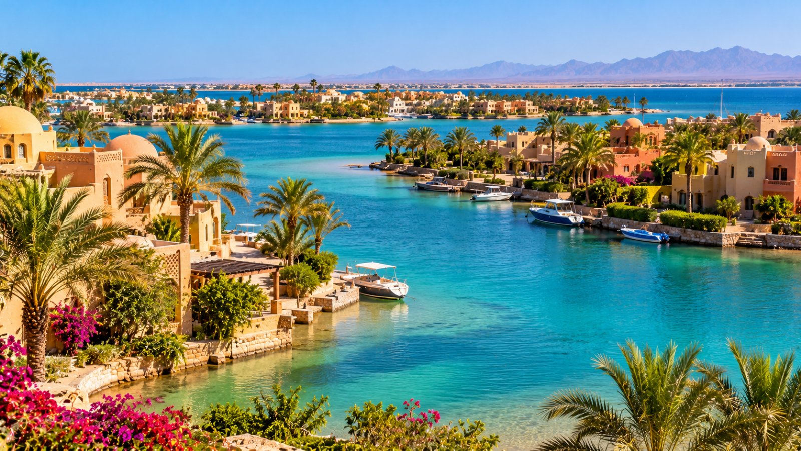 Canali e lagune turchesi di El Gouna sul Mar Rosso, con edifici bassi color sabbia, palme e piccole barche ormeggiate sotto un cielo limpido
