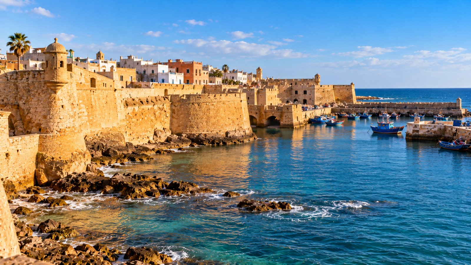 I bastioni di pietra della Città portoghese di El Jadida affacciati sull'oceano Atlantico, con le mura dorate al sole del pomeriggio e il mare calmo
