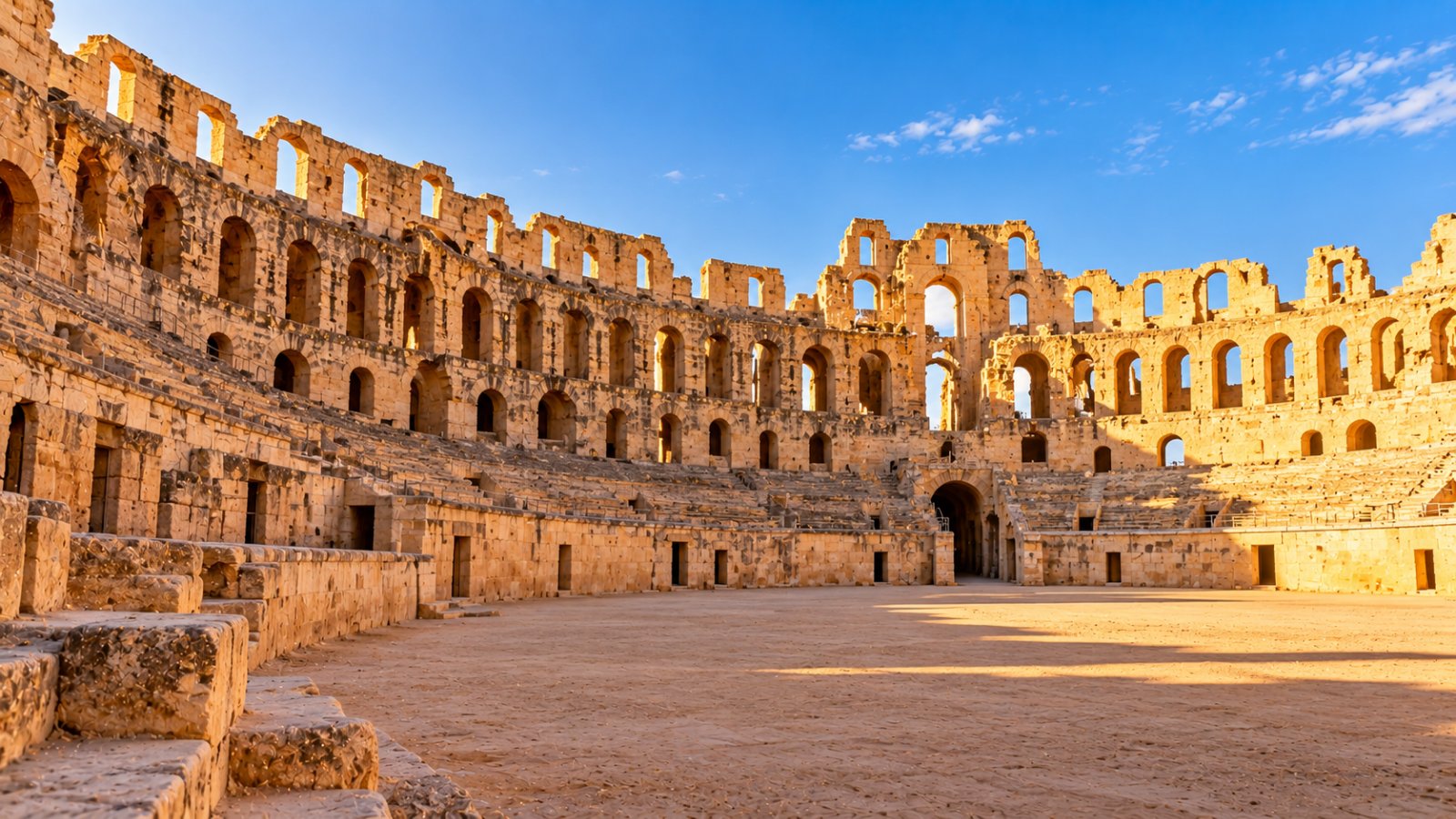 L'anfiteatro romano di El Jem visto dall'arena, con i tre ordini di arcate in pietra color miele e le gradinate sotto un cielo azzurro