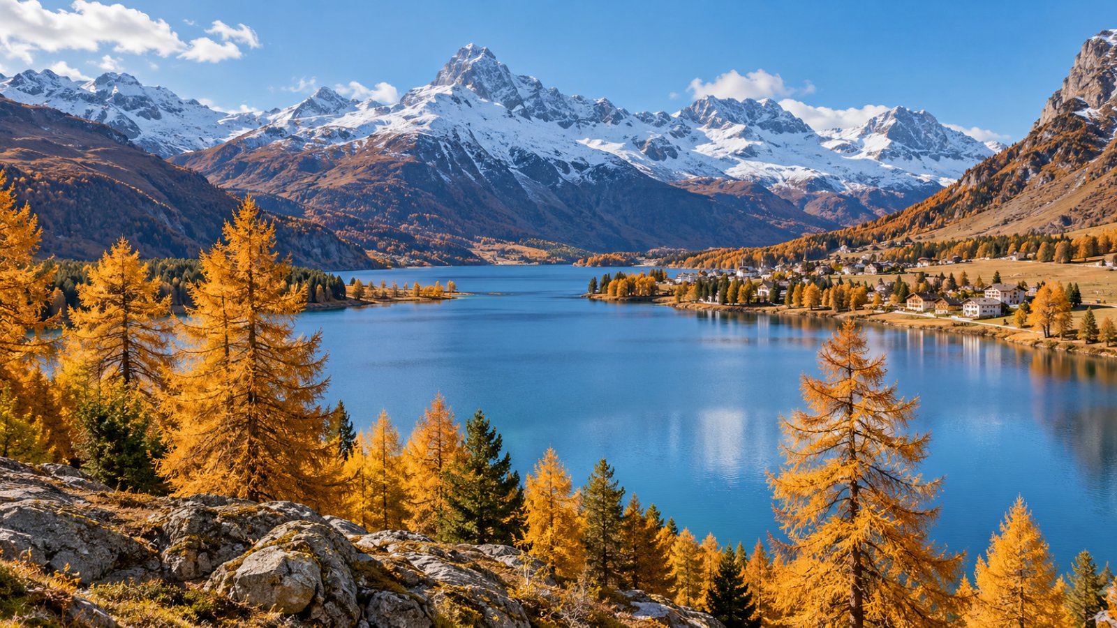 Un lago alpino azzurro circondato da larici dorati in autunno, con un piccolo villaggio di case bianche e montagne innevate sullo sfondo