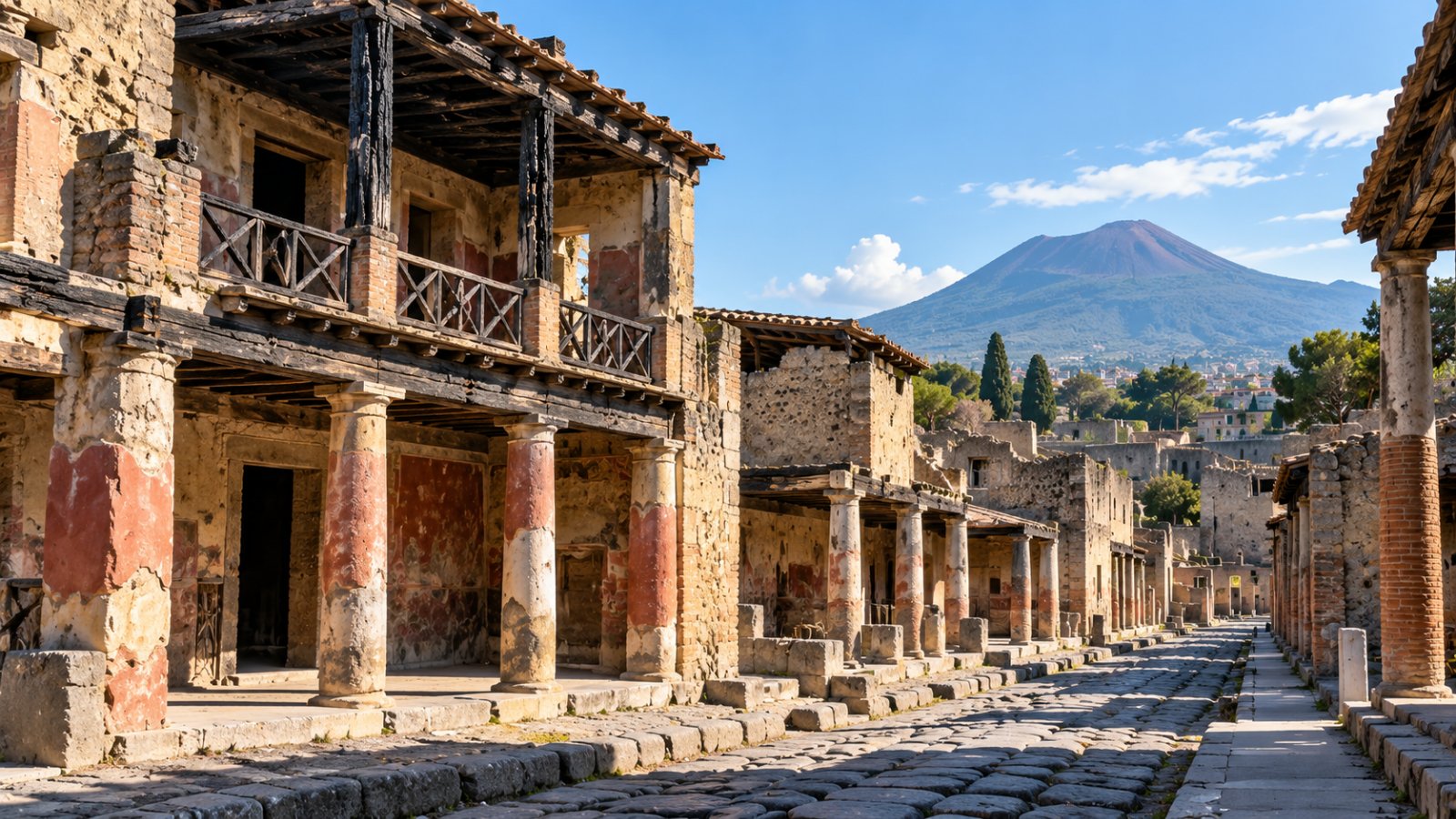 Gli scavi di Ercolano, case romane a due piani con travi e portici ben conservati, con il Vesuvio sullo sfondo