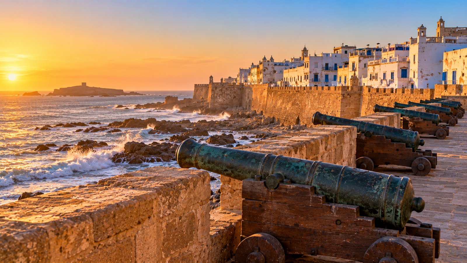 I bastioni della Skala di Essaouira con i vecchi cannoni affacciati sull'oceano Atlantico e le case bianche della medina al tramonto