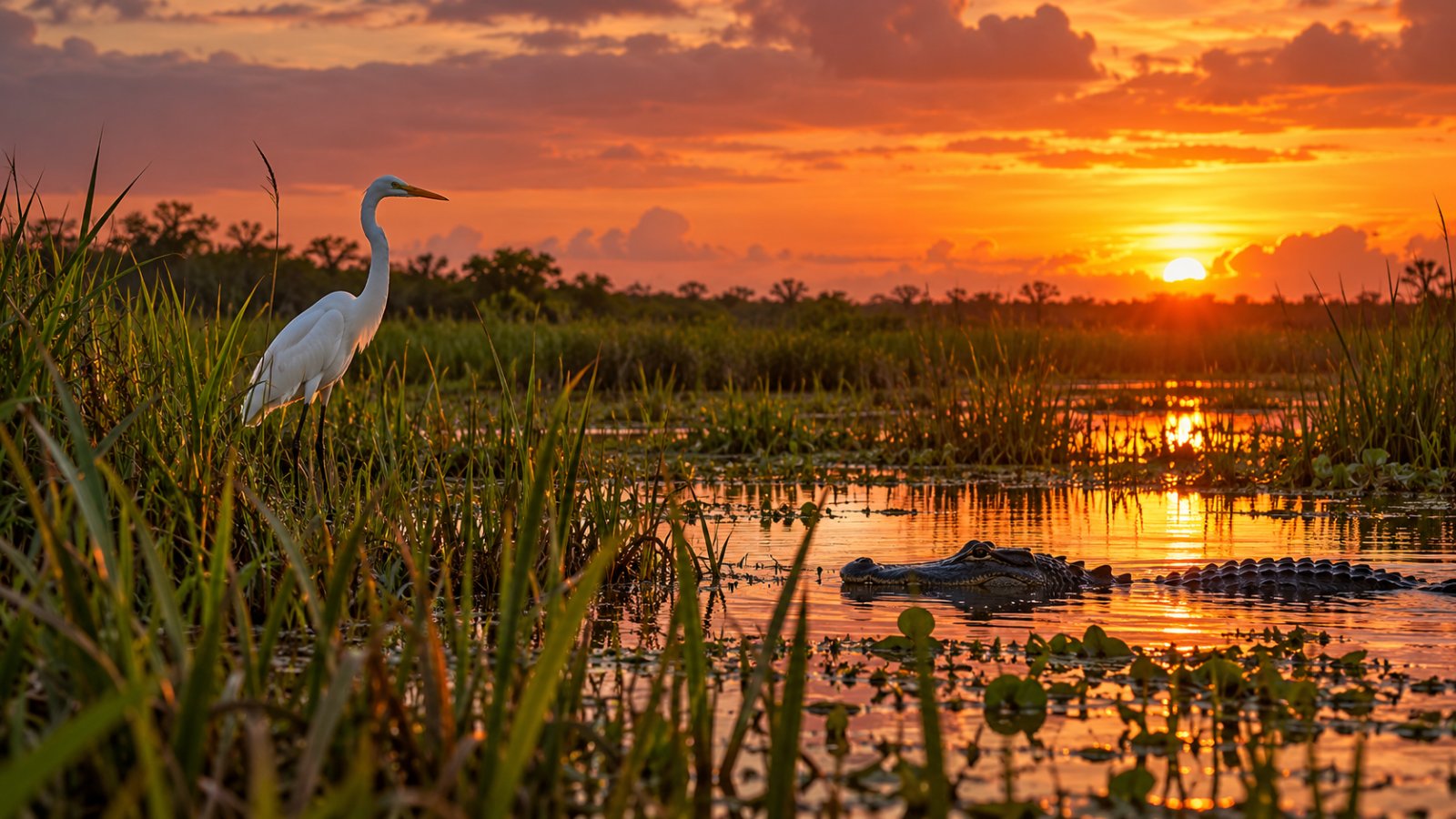 Le paludi delle Everglades al tramonto, con l'erba alta, un airone bianco e un alligatore che affiora dall'acqua