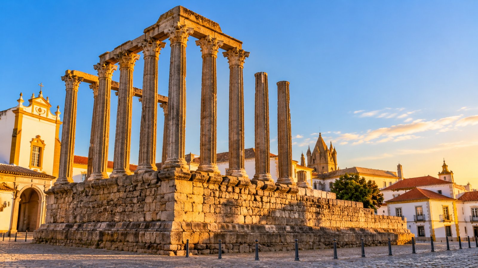 Le colonne corinzie del tempio romano di Évora illuminate dalla luce calda del tramonto, con case bianche sullo sfondo e il cielo azzurro