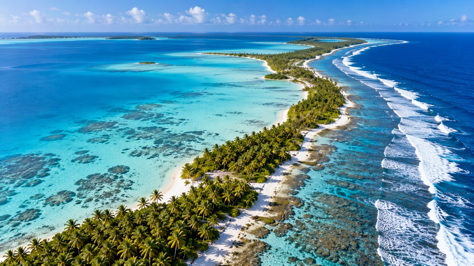 Una sottile striscia di sabbia chiara e palme da cocco tra la laguna turchese e l'oceano blu scuro nell'atollo di Fakarava, vista dall'alto