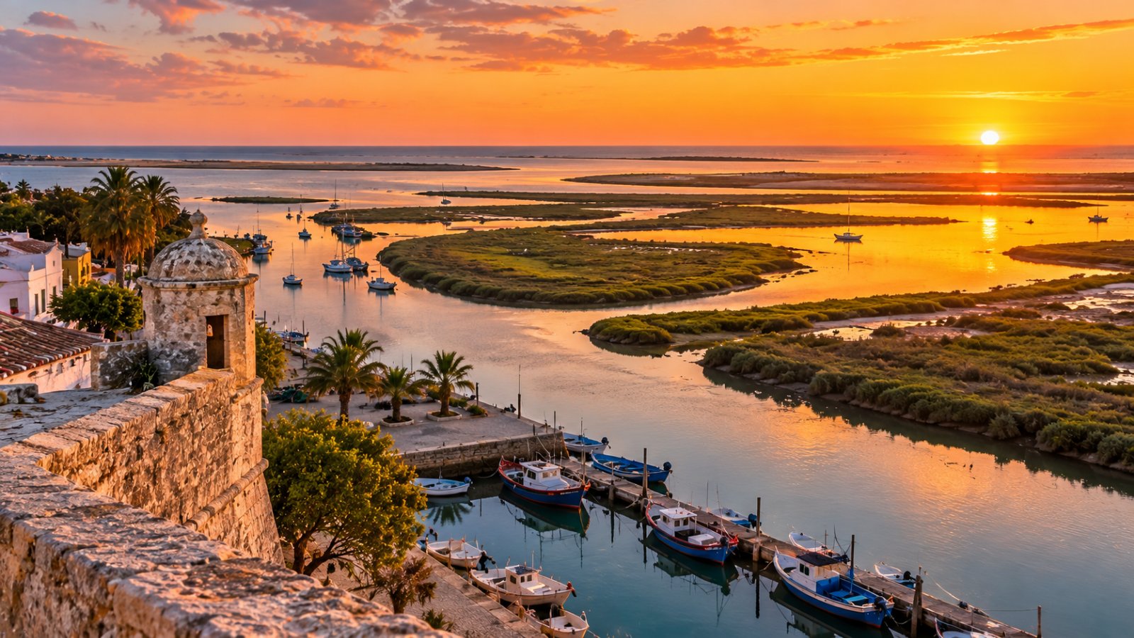 La laguna della Ria Formosa al tramonto vista dalle mura della città vecchia di Faro, con piccole barche ormeggiate, canali tra le barene e le isole di sabbia all'orizzonte