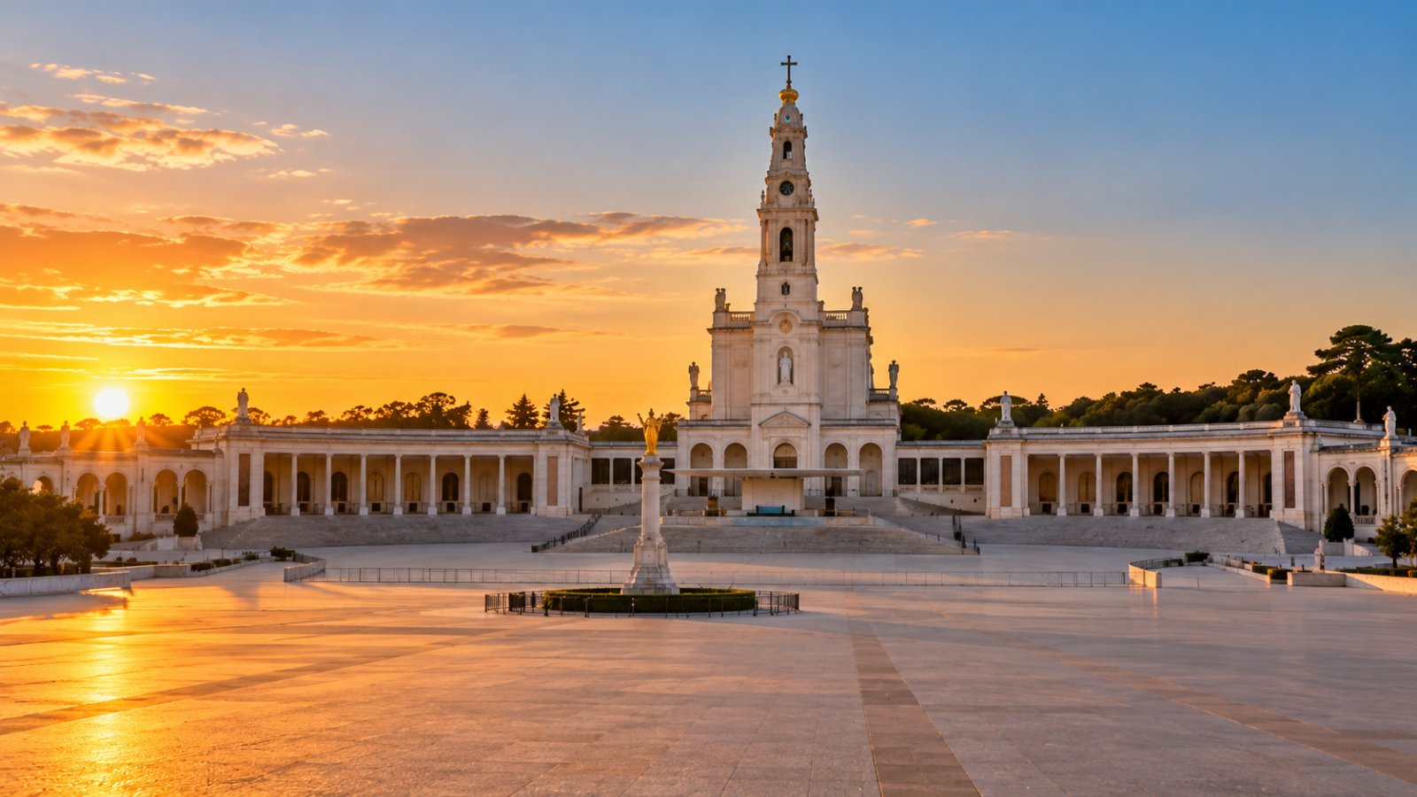 La facciata bianca di una basilica con un alto campanile e un colonnato, vista dal fondo della grande spianata di un santuario alla luce calda del tramonto