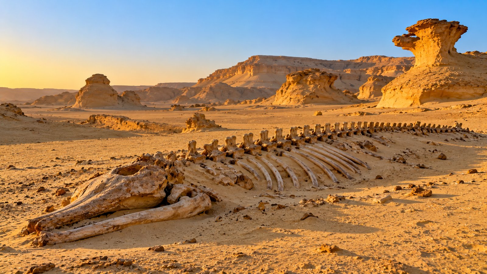 Lo scheletro fossile di una balena primitiva adagiato sulla sabbia a Wadi al-Hitan, tra colline di arenaria color ocra e formazioni rocciose scolpite dal vento nel deserto egiziano