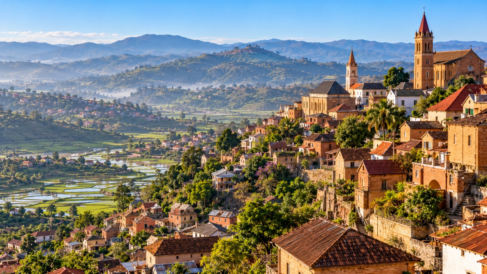 La città alta di Fianarantsoa con case di mattoni e campanili sulla collina, e sotto la valle con risaie e colline degli altopiani in una mattina limpida