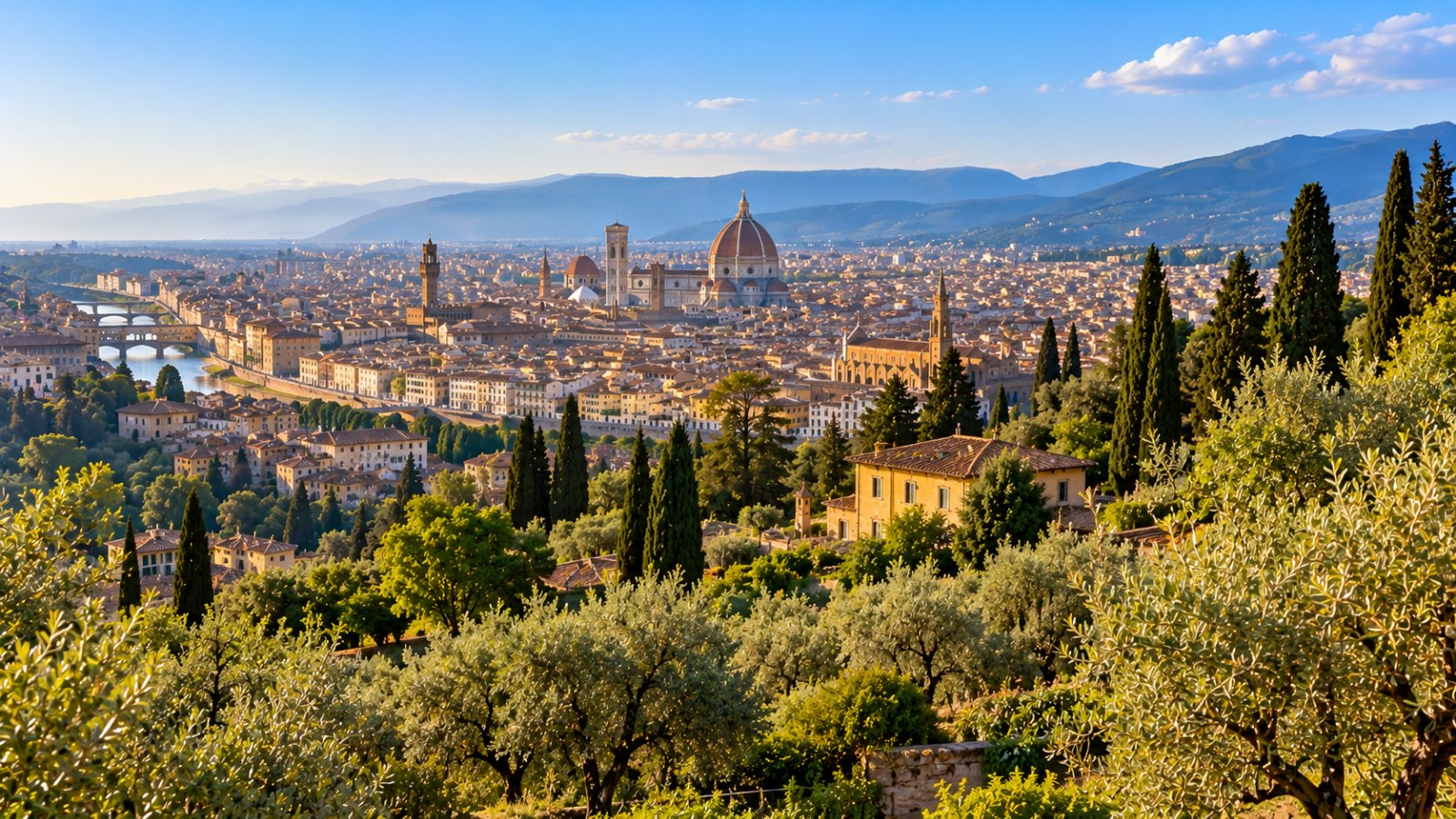 La vista su Firenze dalla collina di Fiesole, con la cupola del Duomo in lontananza tra cipressi e ulivi