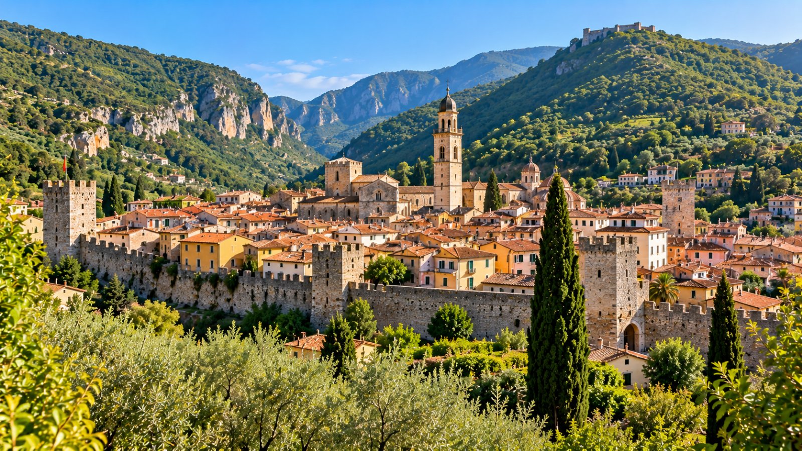Il borgo medievale di Finalborgo con le mura e il campanile tra le colline verdi dell'entroterra ligure