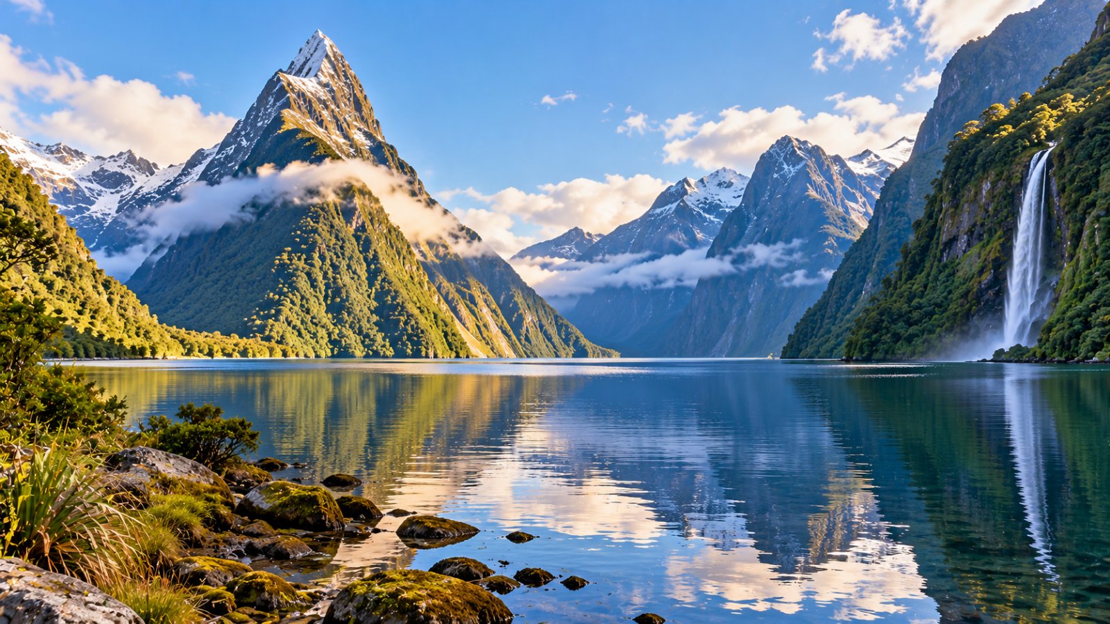 Il fiordo di Milford Sound con il Mitre Peak che si specchia nell'acqua calma e una cascata che scende dalle pareti verdi, nella luce del mattino