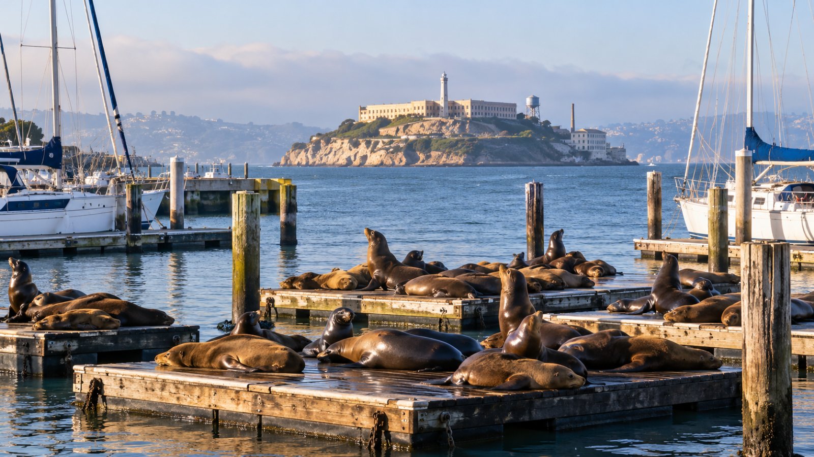 Leoni marini sdraiati su pontili galleggianti di legno nel porto di San Francisco, con barche ormeggiate e l'isola di Alcatraz all'orizzonte