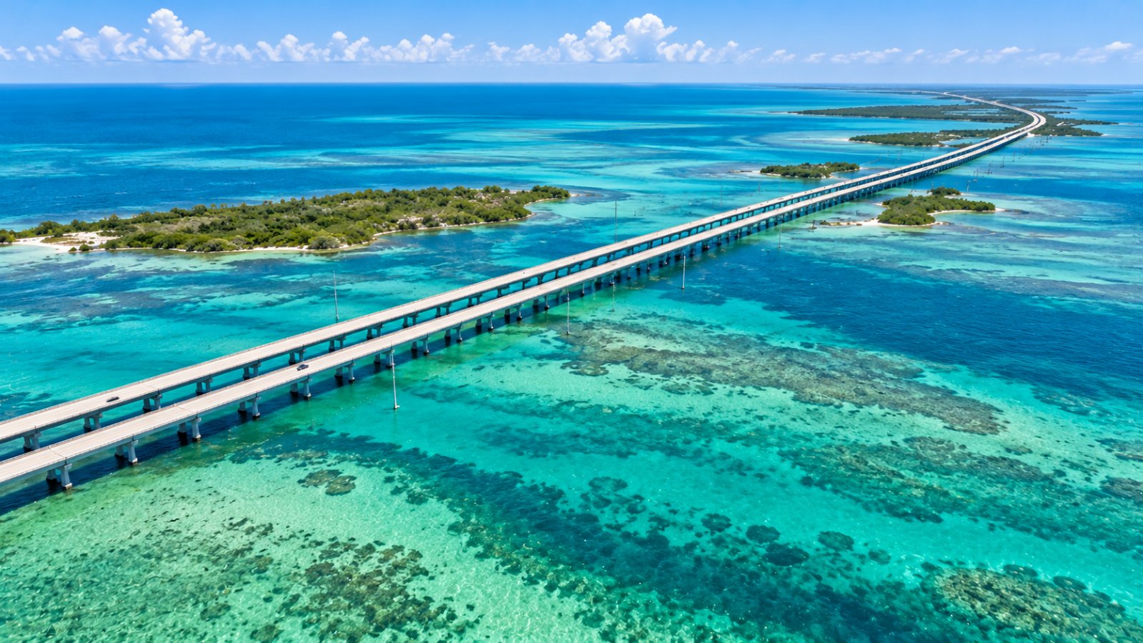 La Overseas Highway che attraversa il mare turchese delle Florida Keys su un lungo ponte, vista dall'alto