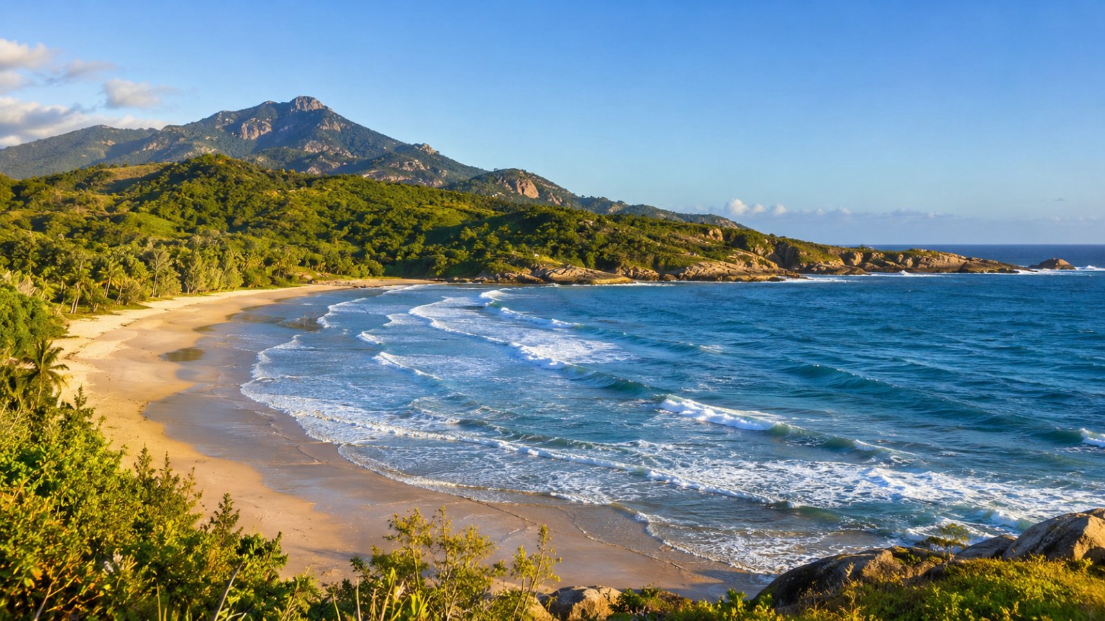 Baia a mezzaluna di sabbia chiara presso Fort-Dauphin, con onde dell'oceano che si frangono e colline verdi coperte di foresta sullo sfondo