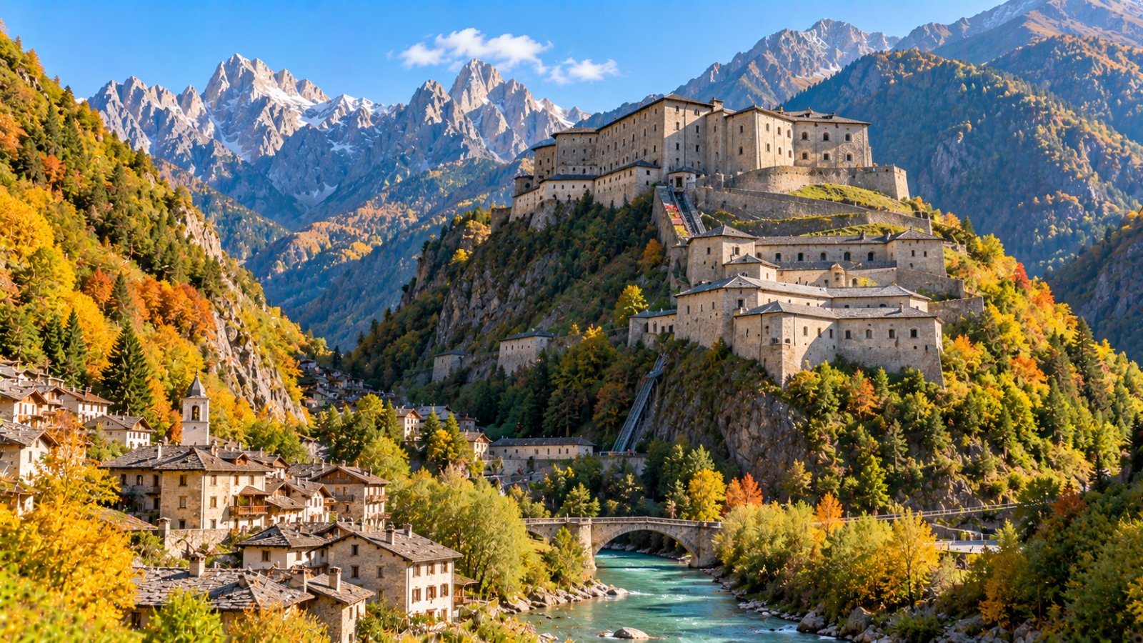 Il Forte di Bard, con i suoi corpi di fabbrica in pietra disposti a gradoni sullo sperone roccioso, sopra i tetti del borgo e la Dora Baltea in una giornata limpida d'autunno