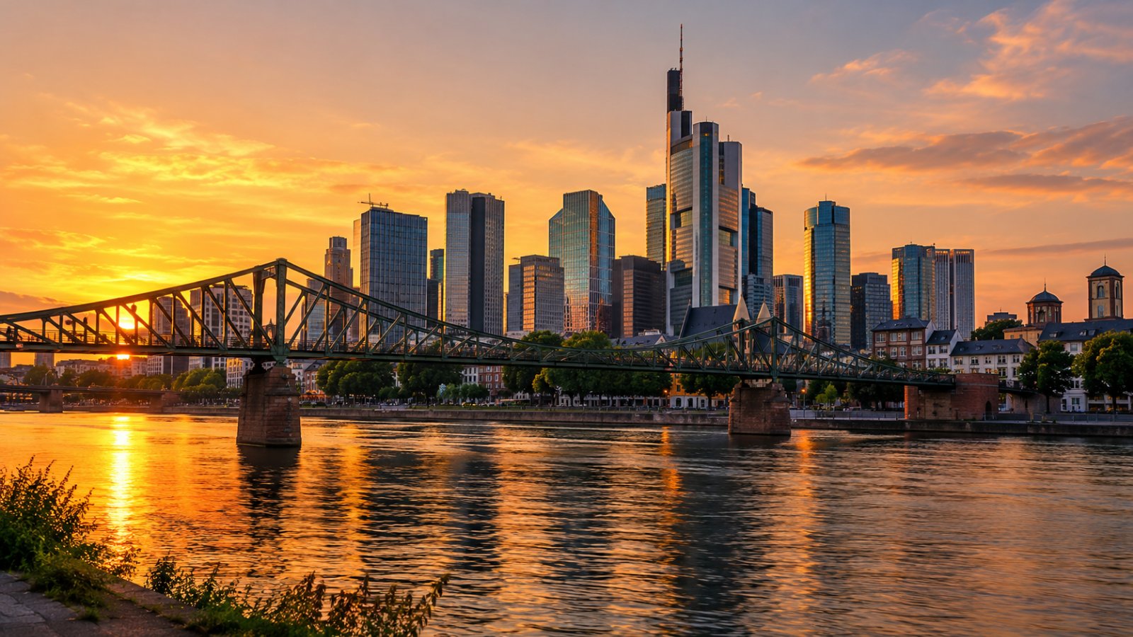Lo skyline di grattacieli di Francoforte al tramonto, visto dalla riva del fiume Meno con un ponte pedonale in ferro in primo piano