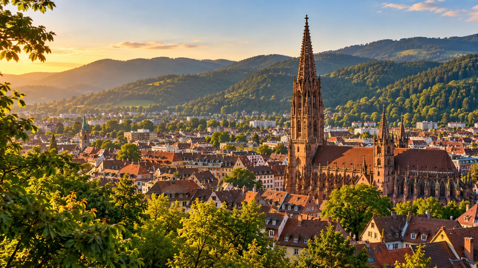 La guglia traforata in pietra arenaria rossa del Münster di Friburgo che si alza sopra i tetti del centro storico, con le colline boscose della Foresta Nera sullo sfondo nella luce calda del tardo pomeriggio
