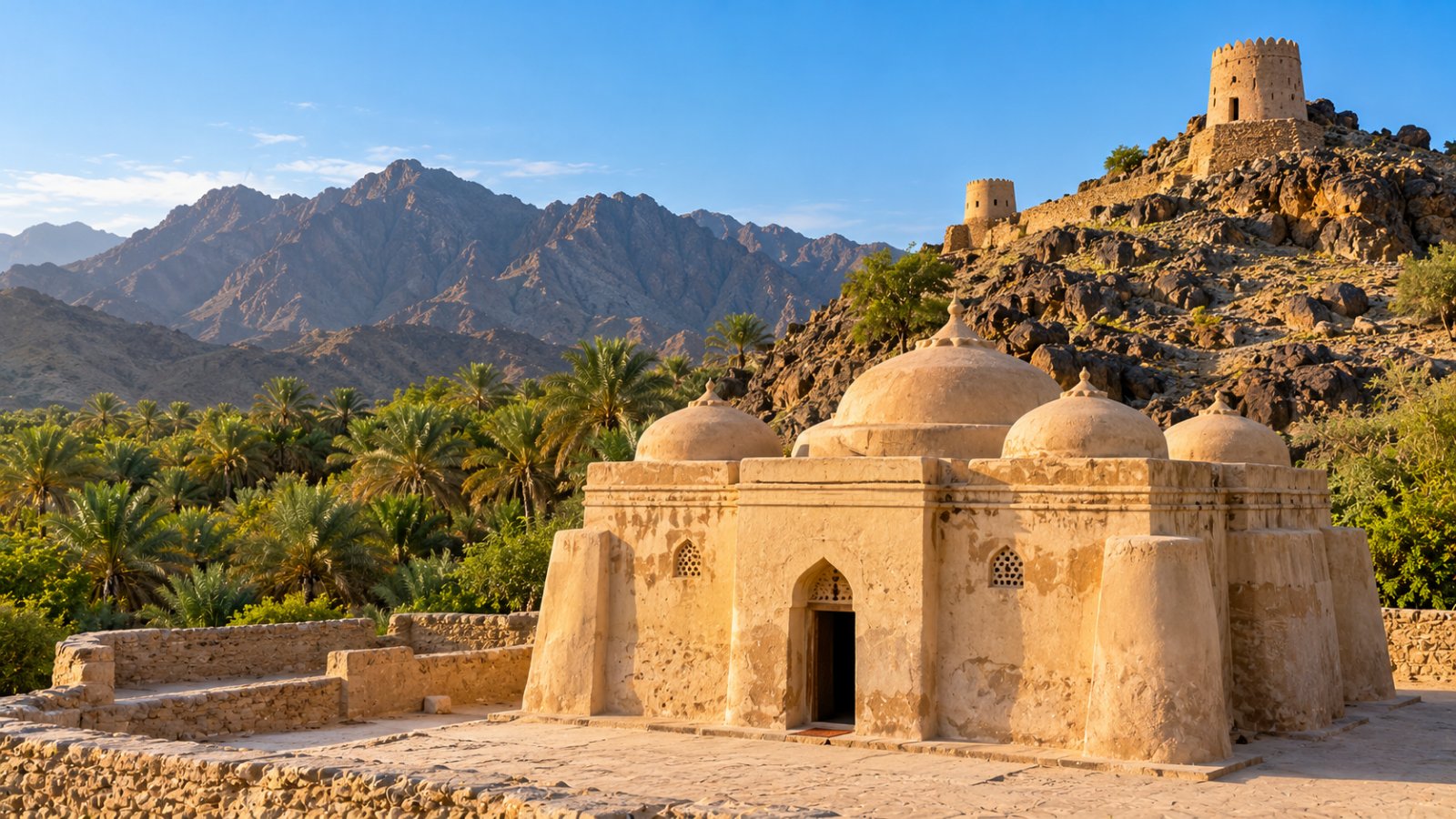 La piccola moschea di Al Badiyah, in pietra e fango con quattro cupole basse, ai piedi di una collina rocciosa con torri di guardia, e sullo sfondo i monti Hajar e le palme