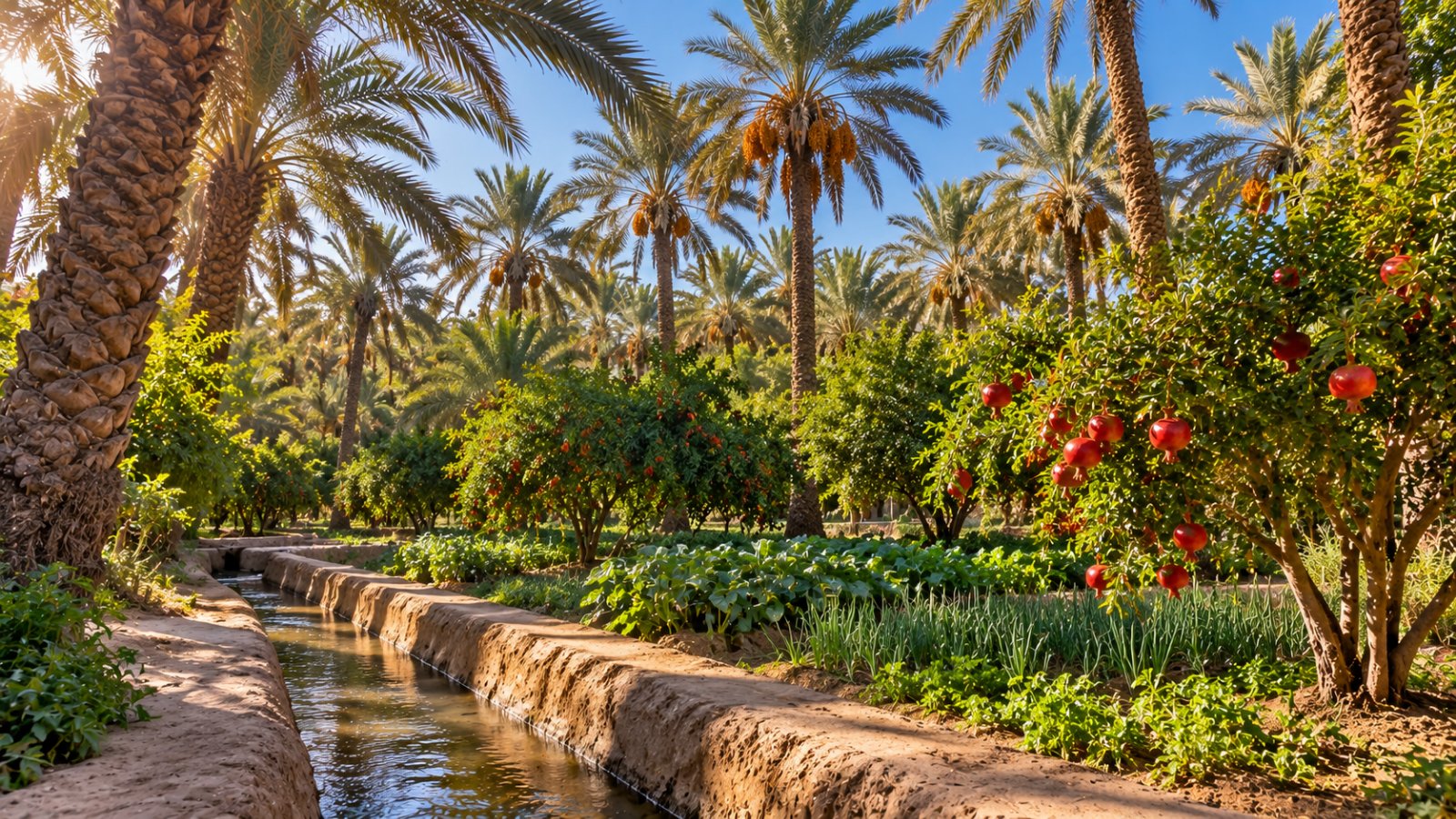 Il palmeto dell'oasi di Gabès con palme da dattero alte, melograni carichi di frutti e un canale d'irrigazione in terra battuta nella luce del pomeriggio