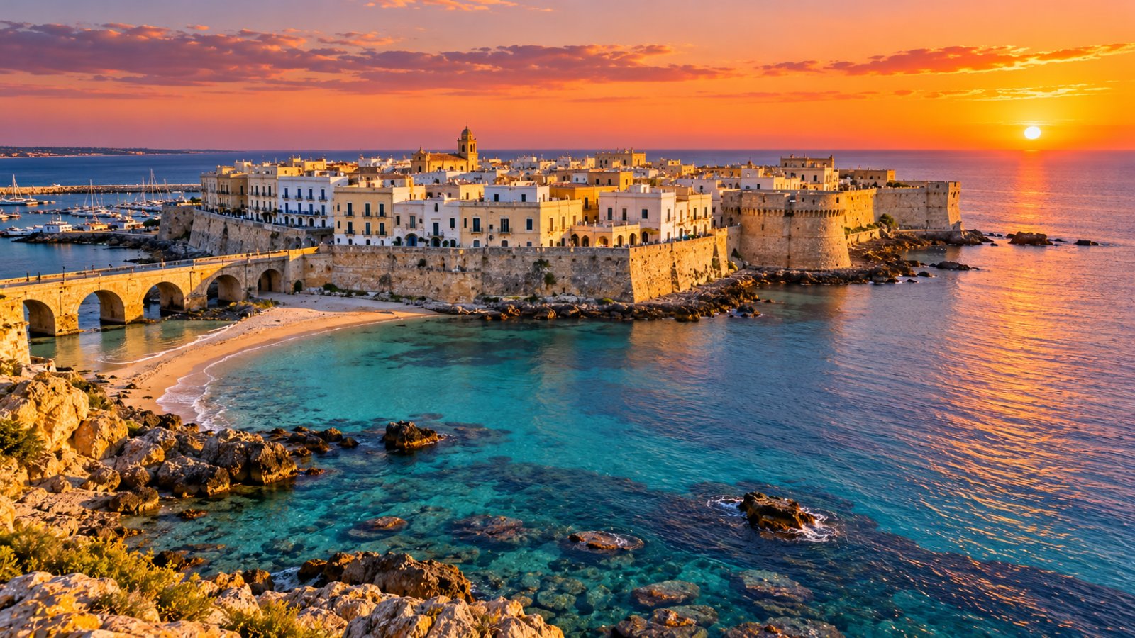 Gallipoli, il centro storico sull'isola collegato dal ponte, con mura, castello e case chiare sul mar Ionio e la spiaggia della Purità al tramonto