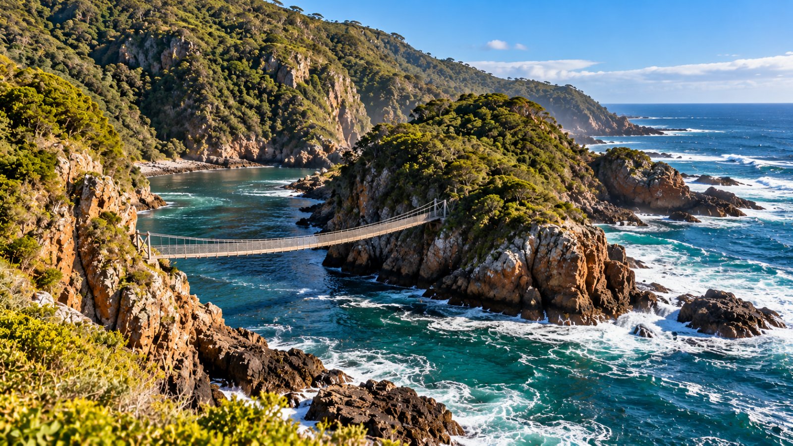 Il ponte sospeso alla foce dello Storms River, nel Tsitsikamma, tra scogliere coperte di foresta e onde dell'oceano