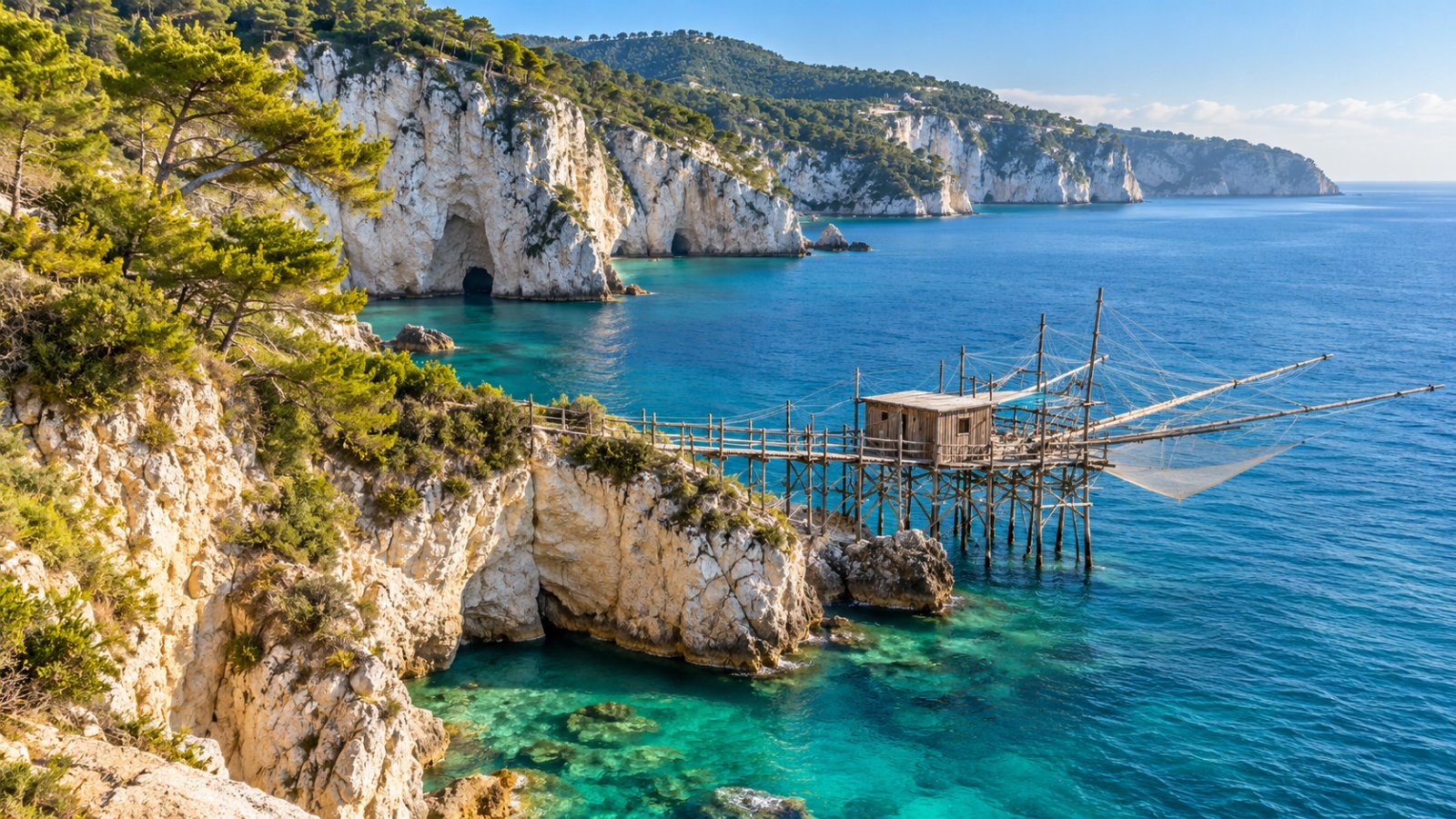 La costa del Gargano con alte scogliere bianche a picco sul mare, pini sulle rocce e un antico trabucco da pesca proteso sull'acqua