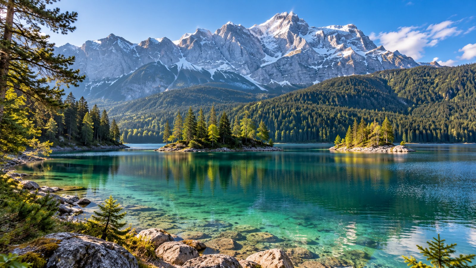 Un lago alpino verde smeraldo circondato da boschi di abeti, con l'imponente parete rocciosa della Zugspitze spruzzata di neve sullo sfondo nella luce del mattino