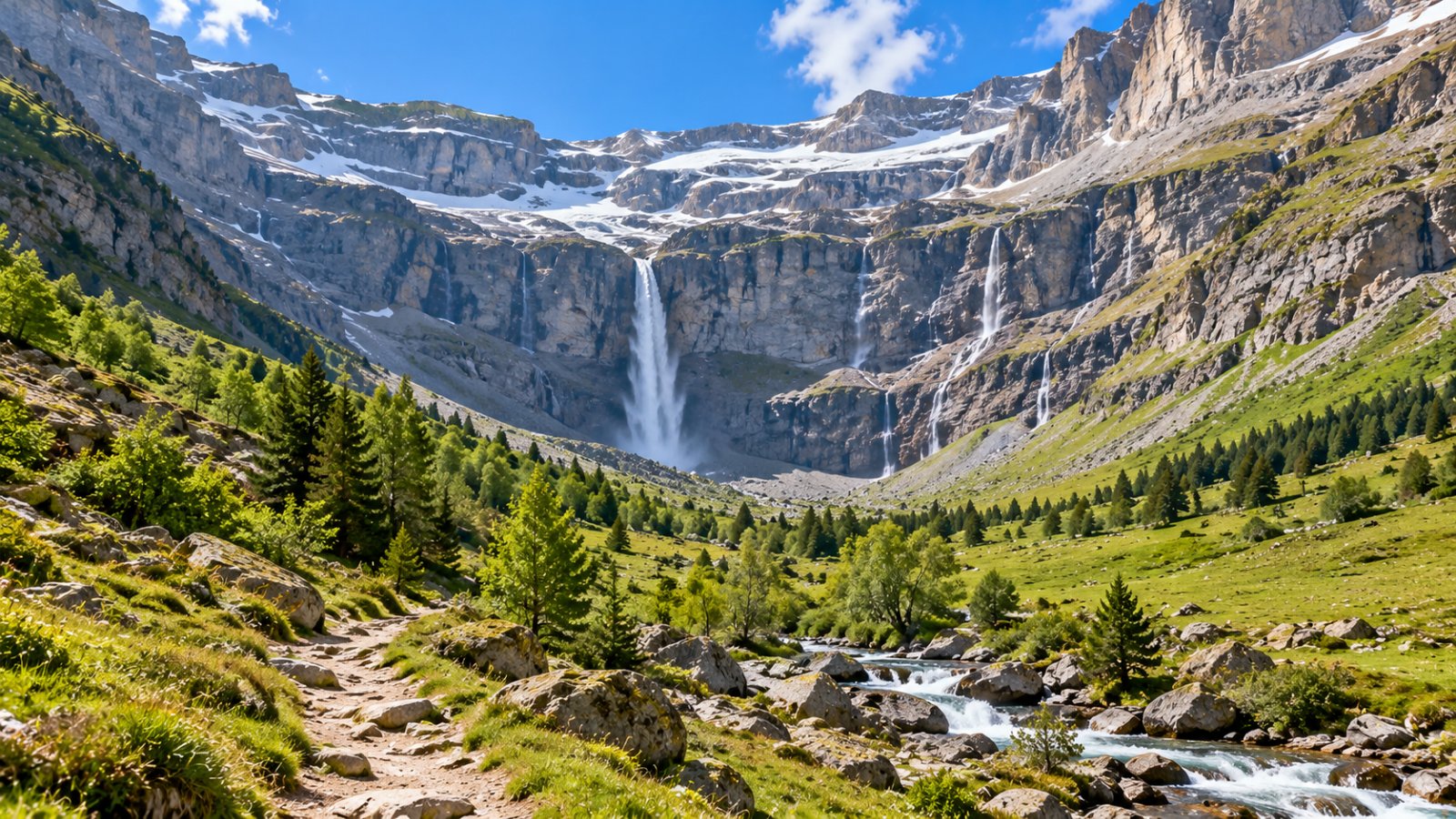 Un enorme anfiteatro di pareti rocciose a gradoni con una lunga cascata, un sentiero e prati verdi in primo piano