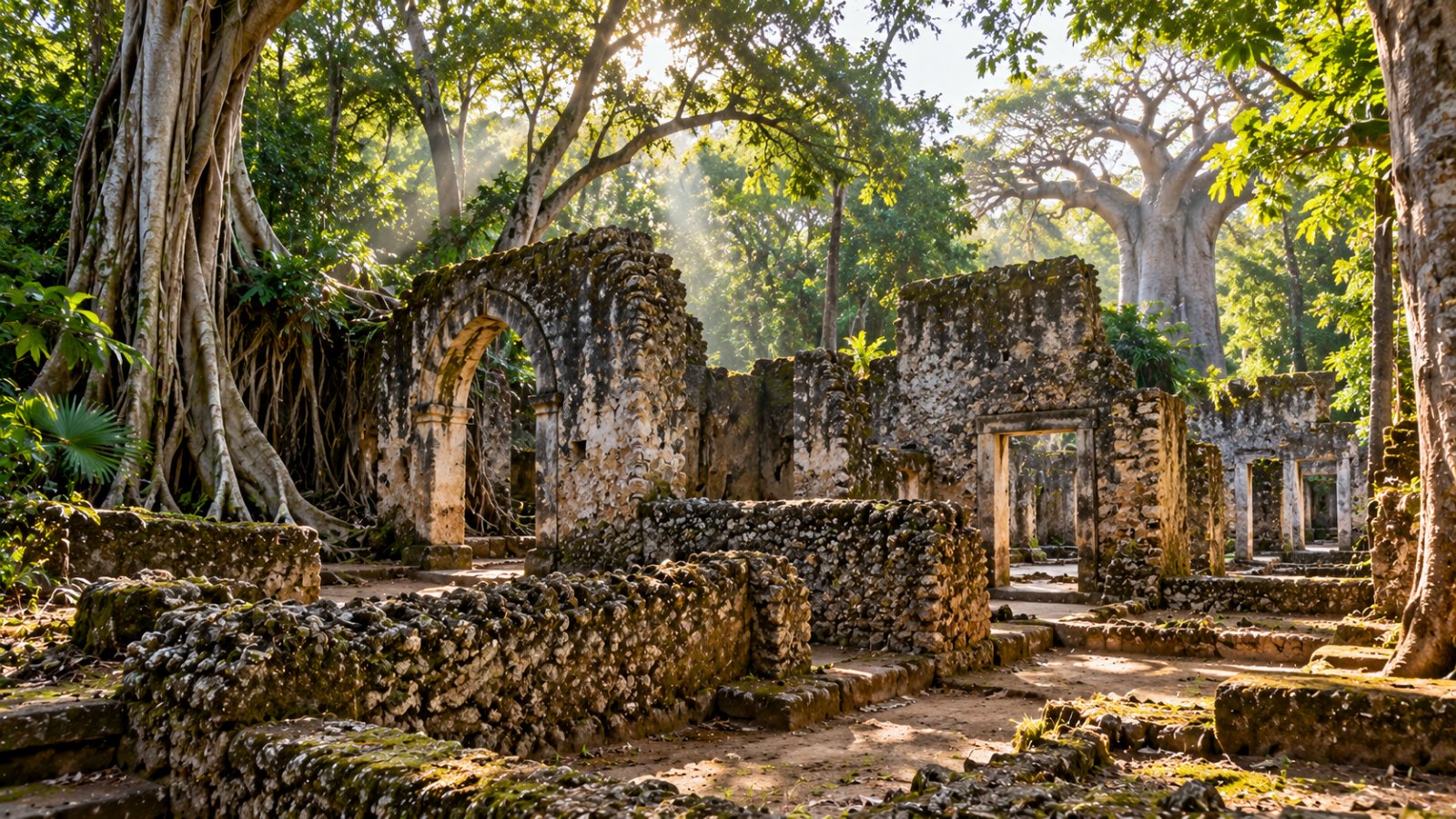 Le rovine in pietra corallina della città swahili di Gede, con archi e muri grigi coperti di muschio, all'ombra di grandi alberi della foresta tropicale attraversata da raggi di sole