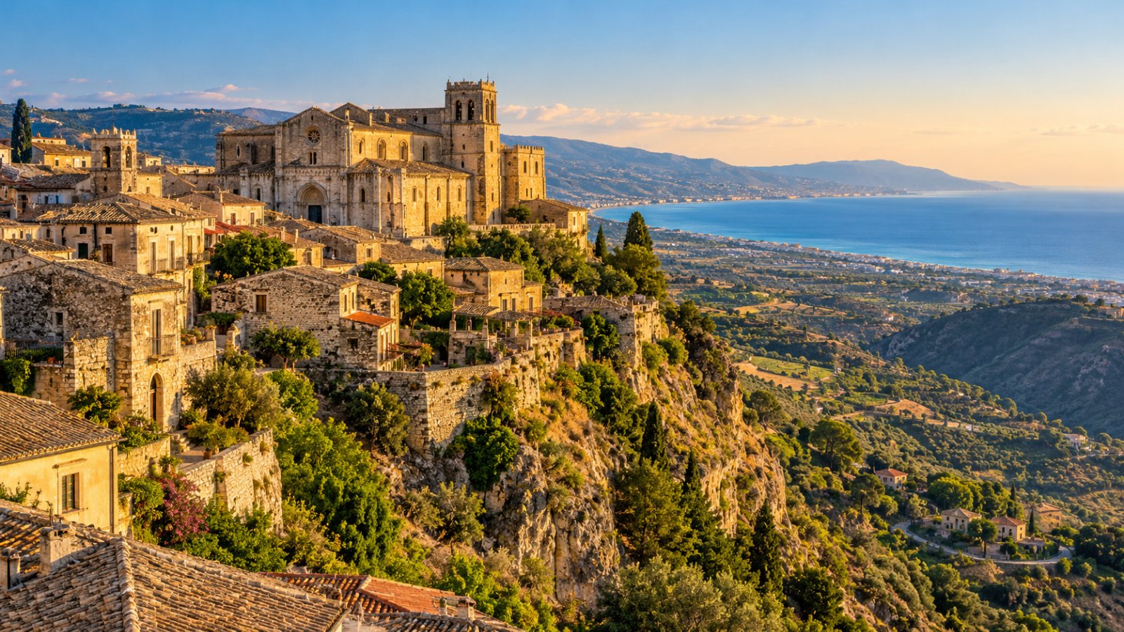 Il borgo medievale di Gerace arroccato sulla rupe, con la grande cattedrale normanna e le case antiche, e le colline verdi che scendono verso il mar Ionio