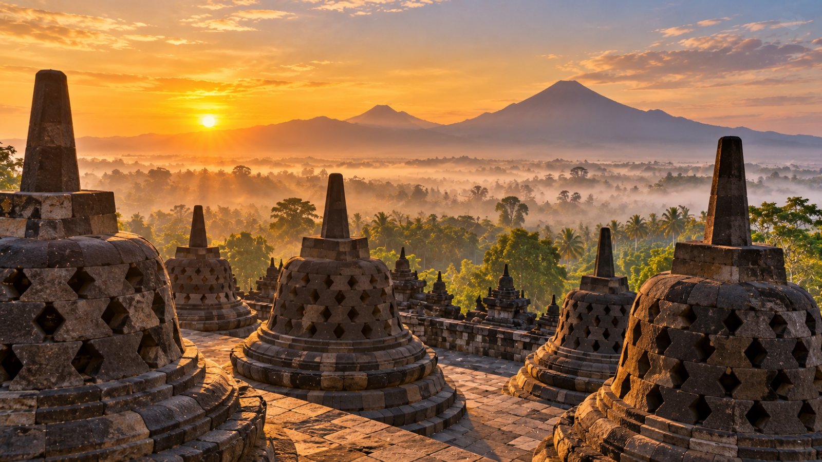 Il tempio di Borobudur all'alba, con gli stupa a campana in primo piano e le colline avvolte nella nebbia con i vulcani di Giava sullo sfondo